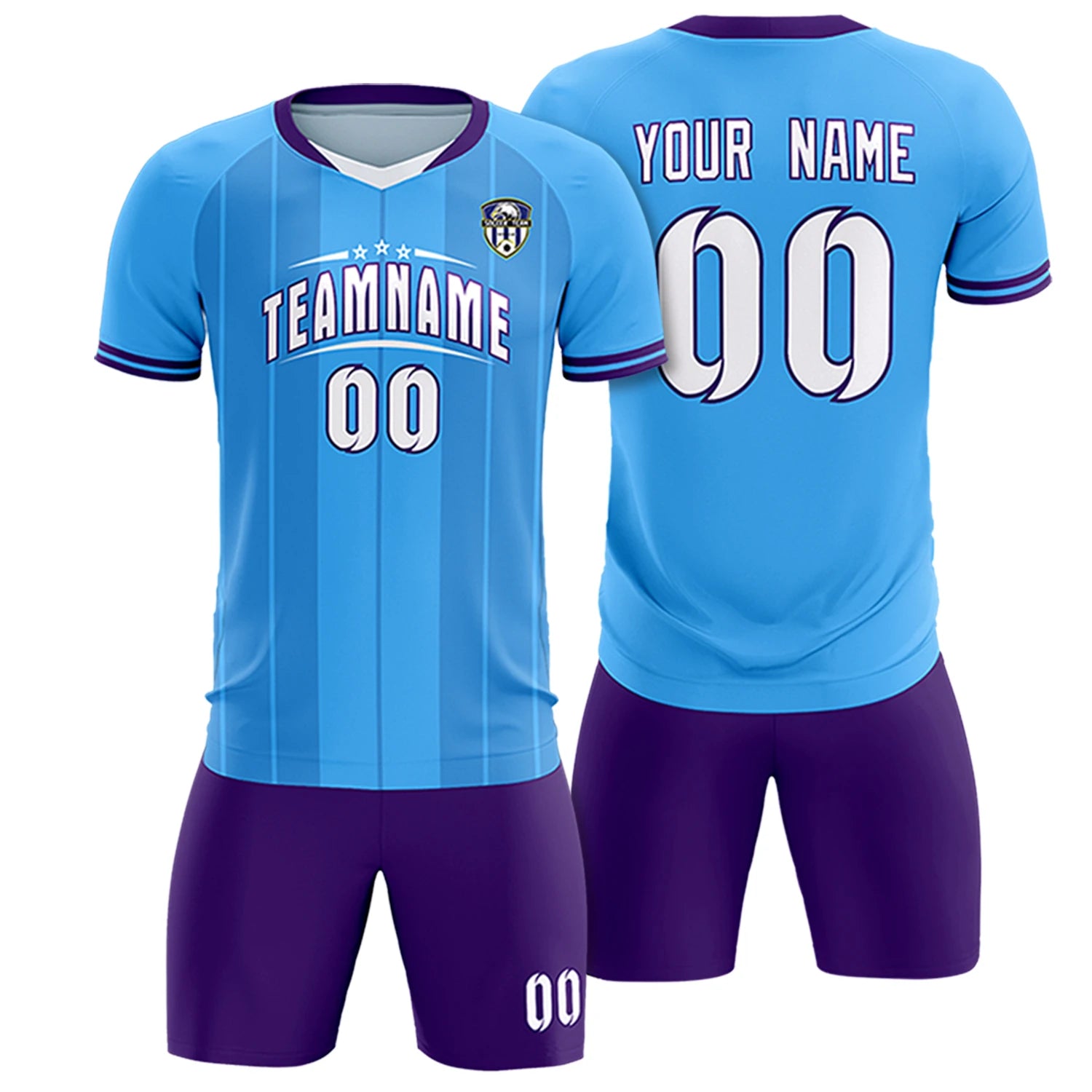 Custom Powder Blue White-Purple Design Uniform Soccer Sets Jersey
