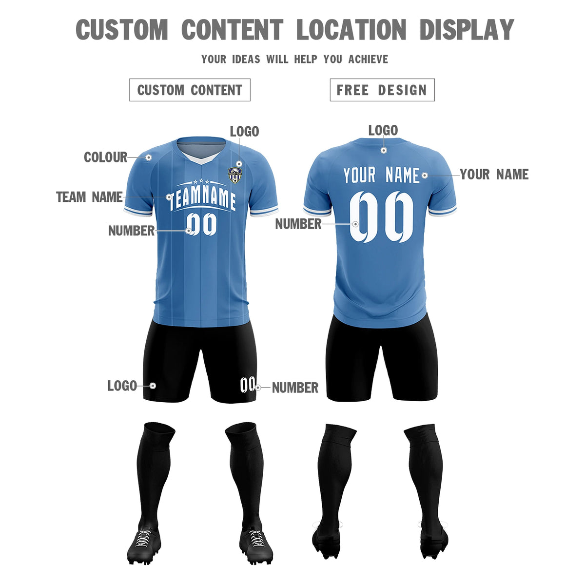 Custom Light Blue White-Black Design Uniform Soccer Sets Jersey