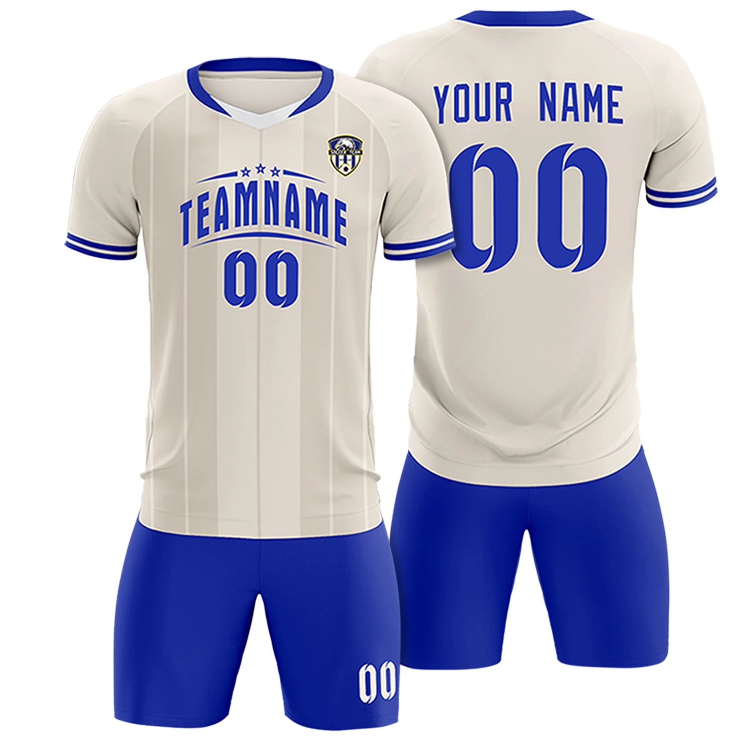 Custom Khaki White-Royal Blue Design Uniform Soccer Sets Jersey