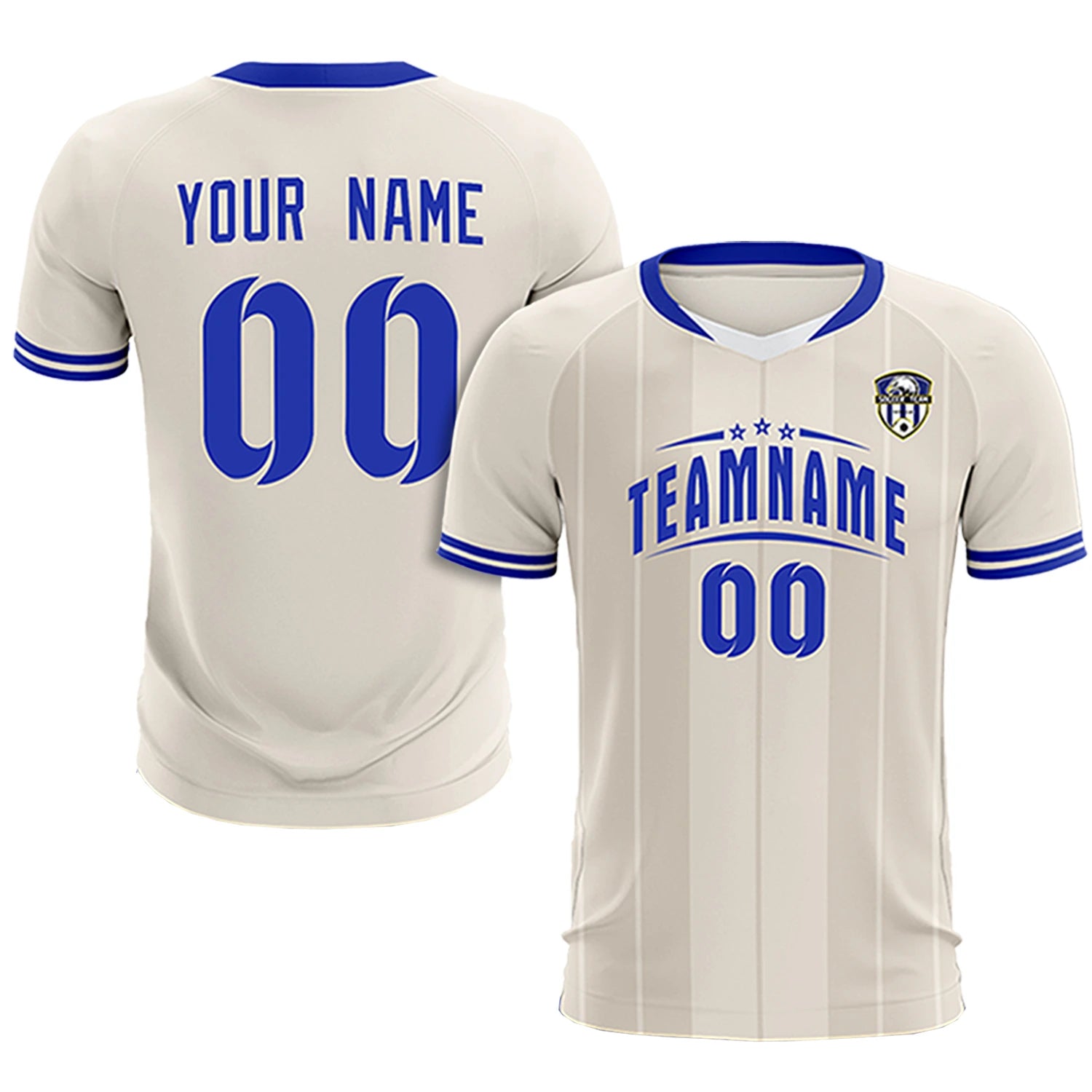 Custom Khaki White-Royal Blue Design Uniform Soccer Sets Jersey