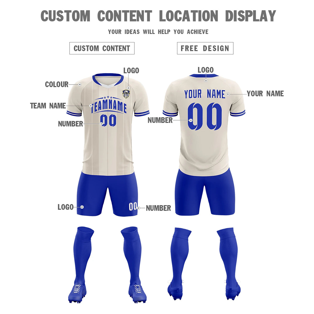 Custom Khaki White-Royal Blue Design Uniform Soccer Sets Jersey