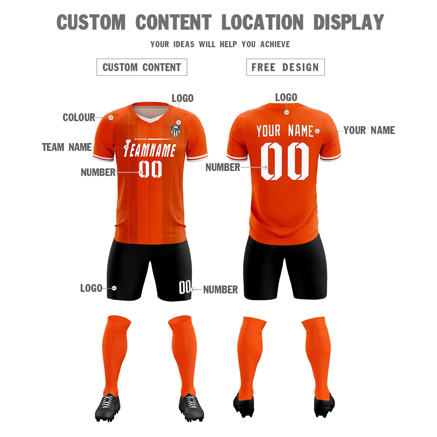 Custom Orange White-Black Design Uniform Soccer Sets Jersey