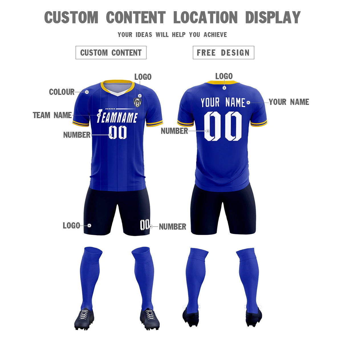 Custom Royal Blue-Old Gold Navy Design Uniform Soccer Sets Jersey