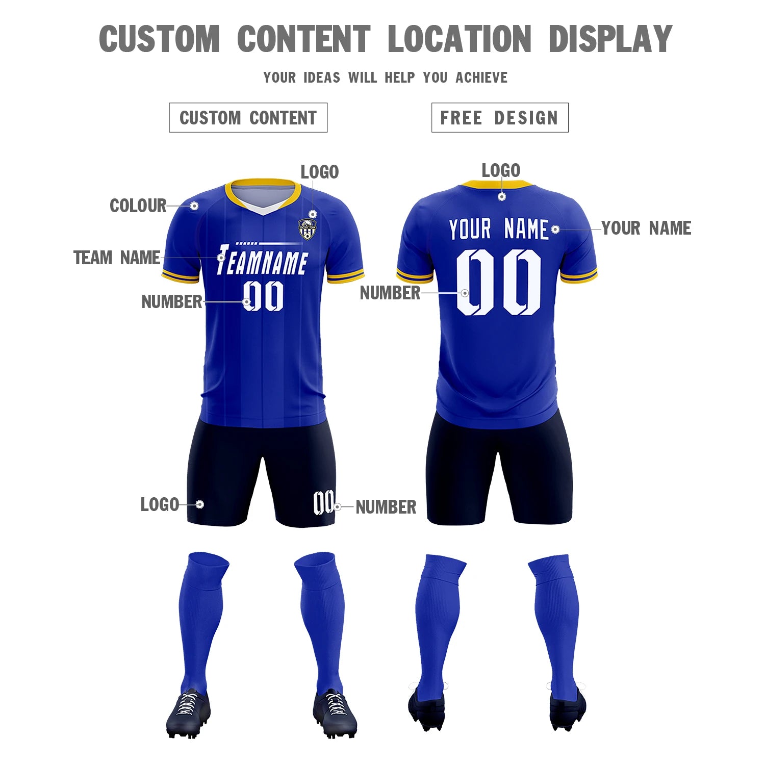 Custom Royal Blue-Old Gold Navy Design Uniform Soccer Sets Jersey