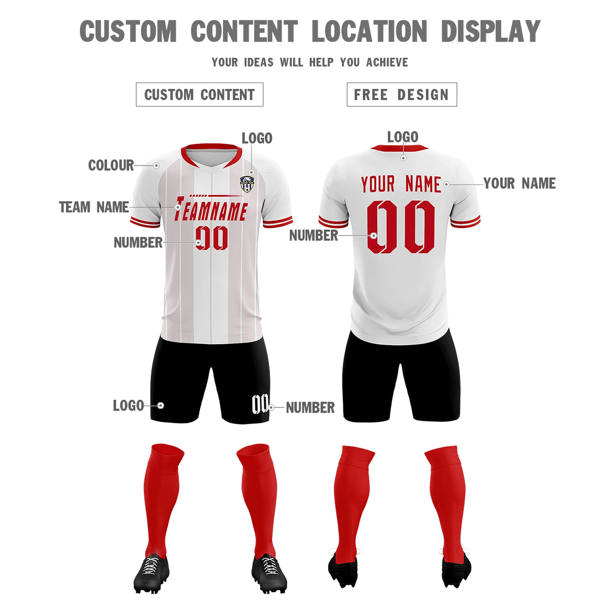 Custom White Red-Black Design Uniform Soccer Sets Jersey