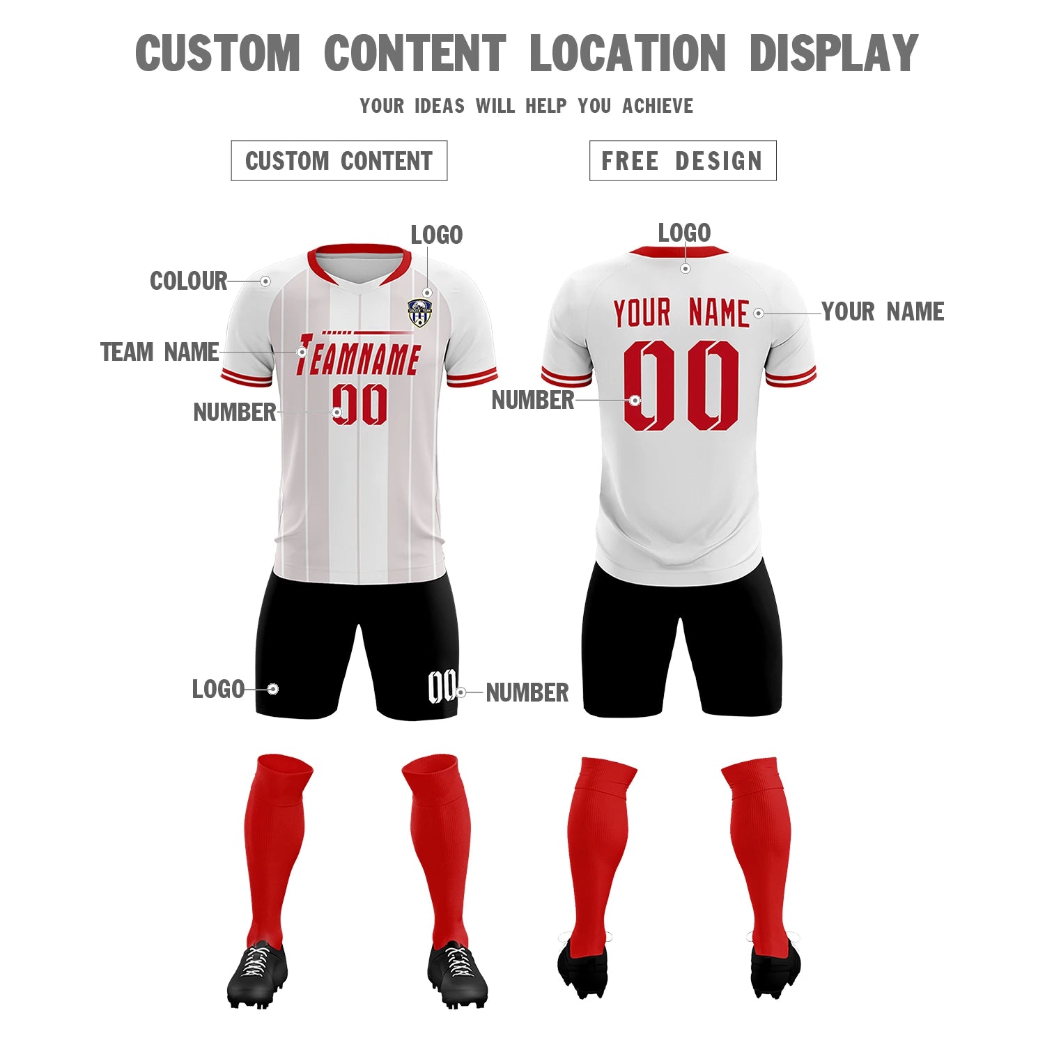 Custom White Red-Black Design Uniform Soccer Sets Jersey