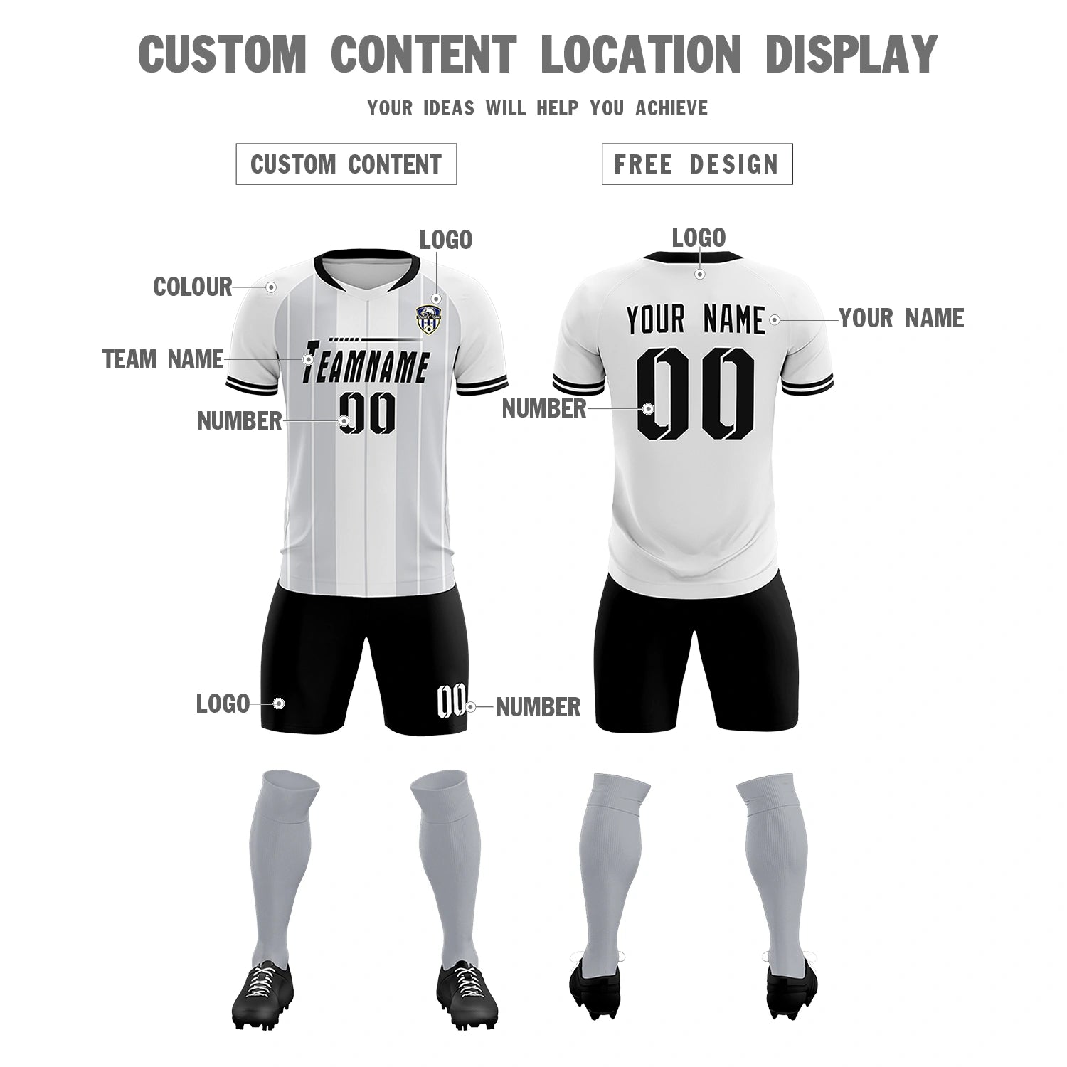 Custom White Black-Black Design Uniform Soccer Sets Jersey