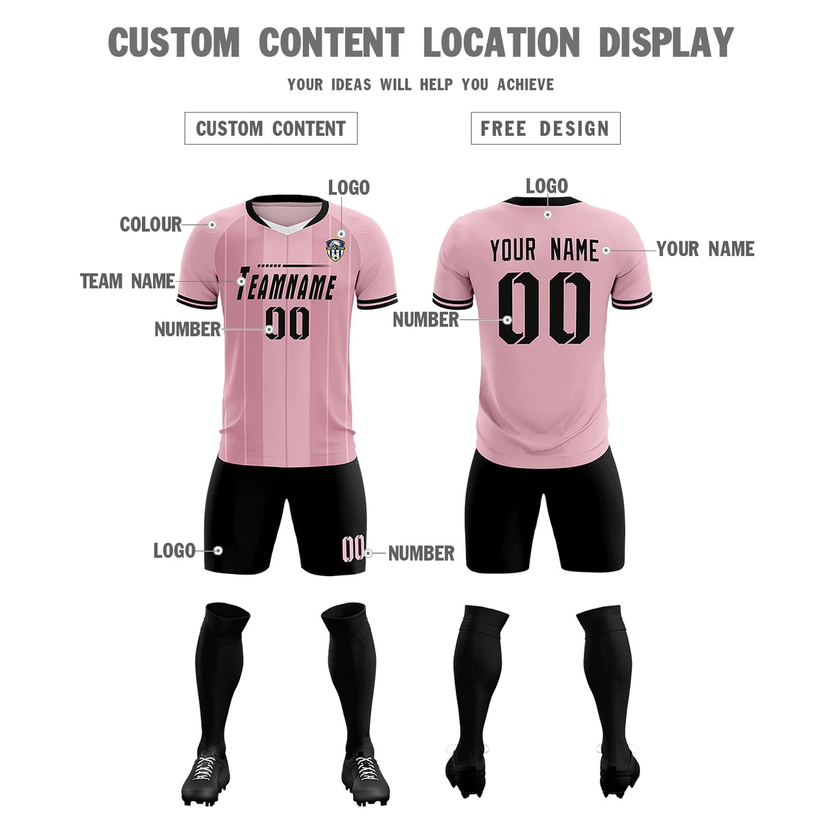Custom Light Pink White-Black Design Uniform Soccer Sets Jersey