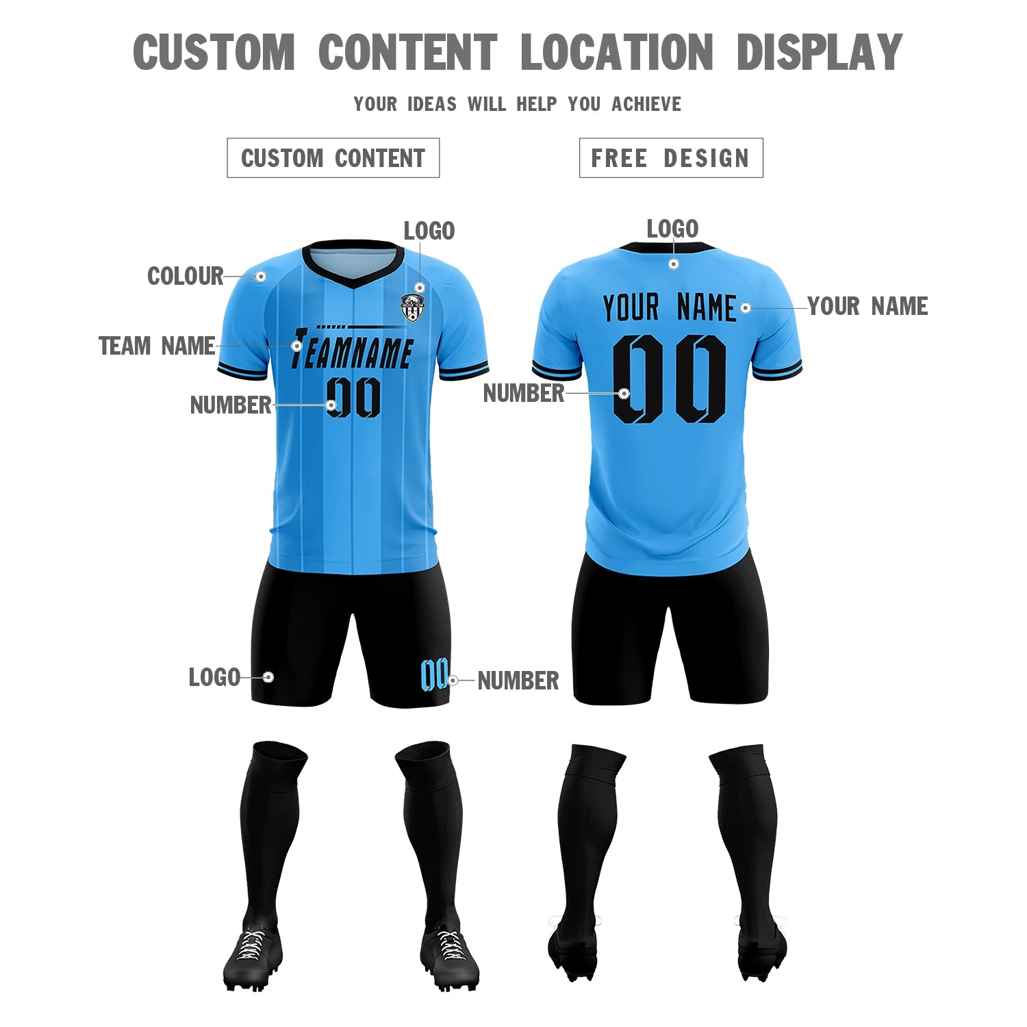 Custom Powder Blue Black-Black Design Uniform Soccer Sets Jersey