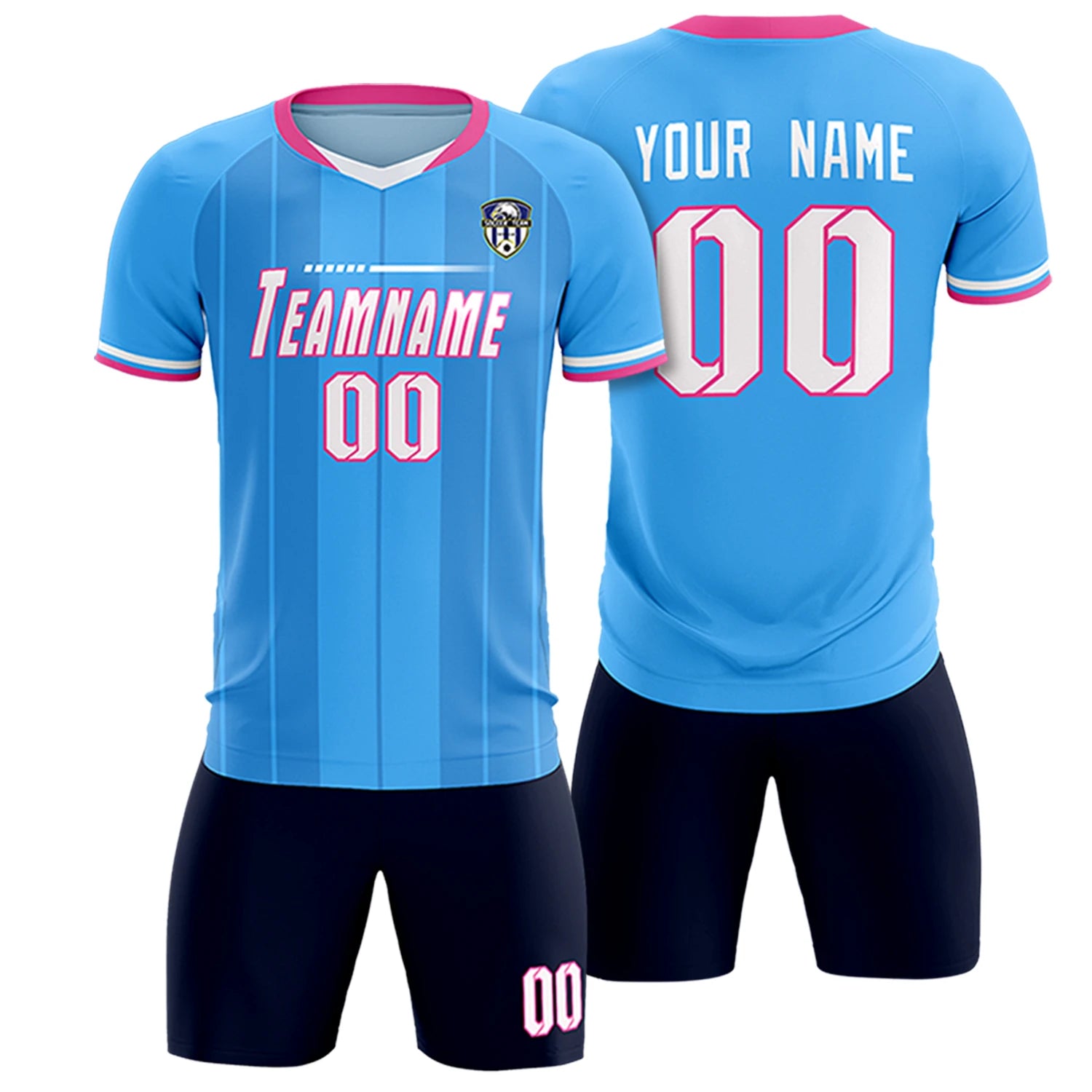 Custom Powder Blue Pink-Navy Design Uniform Soccer Sets Jersey