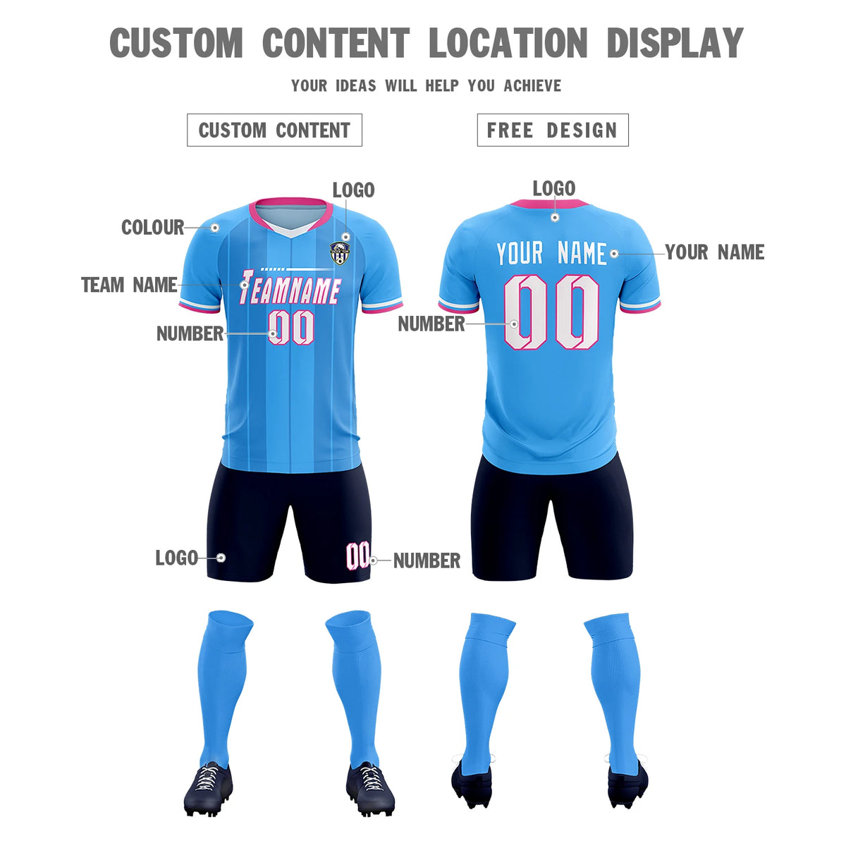 Custom Powder Blue Pink-Navy Design Uniform Soccer Sets Jersey
