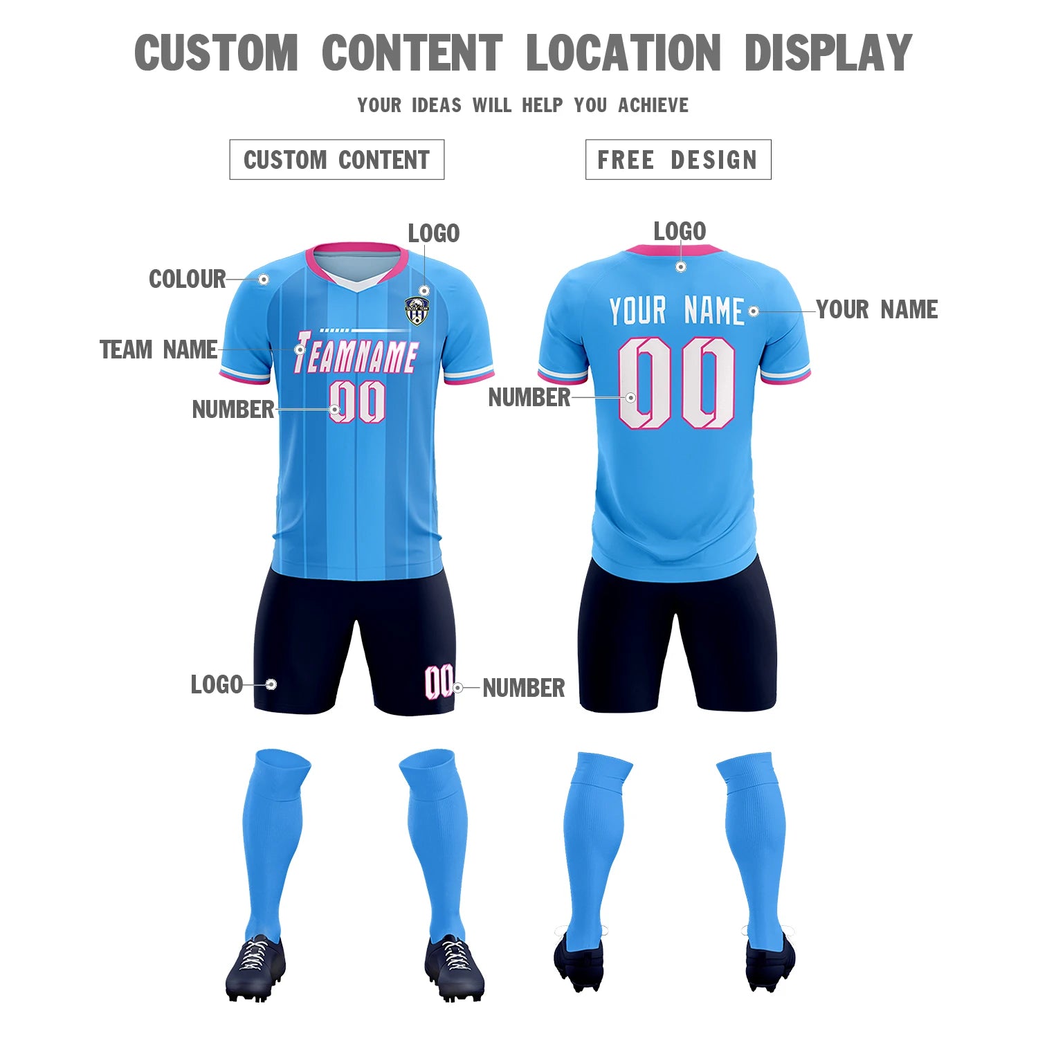 Custom Powder Blue Pink-Navy Design Uniform Soccer Sets Jersey