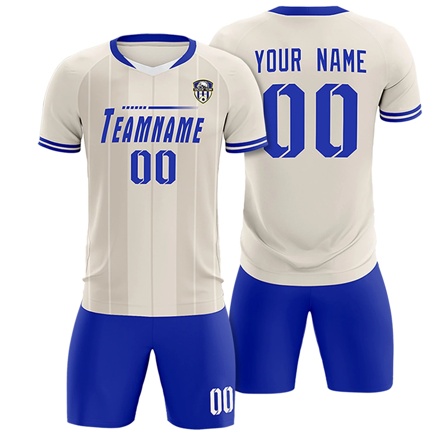 Custom Khaki White-Royal Blue Design Uniform Soccer Sets Jersey