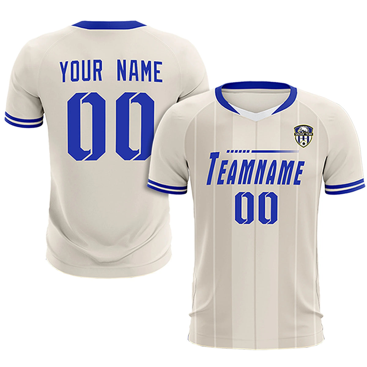 Custom Khaki White-Royal Blue Design Uniform Soccer Sets Jersey
