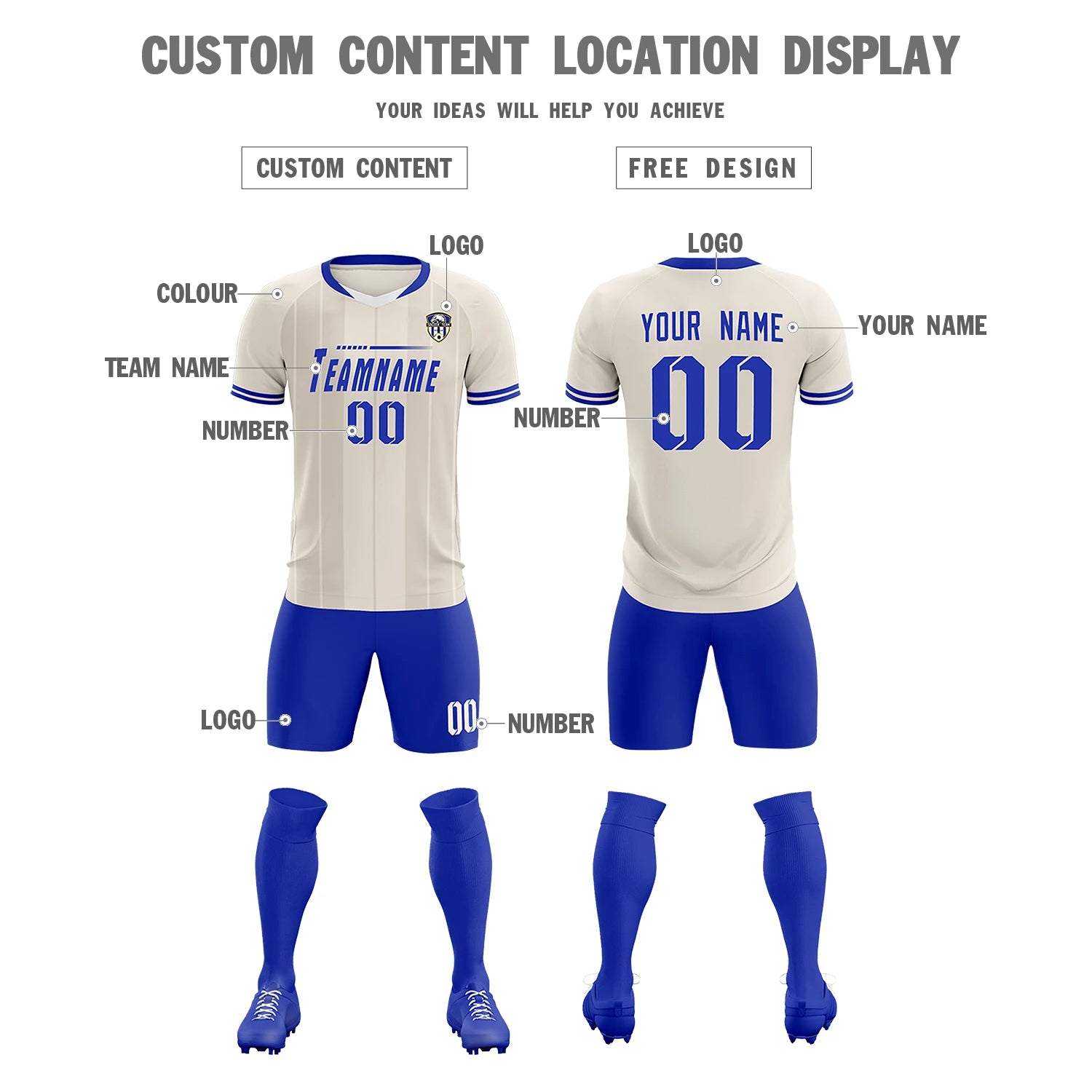 Custom Khaki White-Royal Blue Design Uniform Soccer Sets Jersey