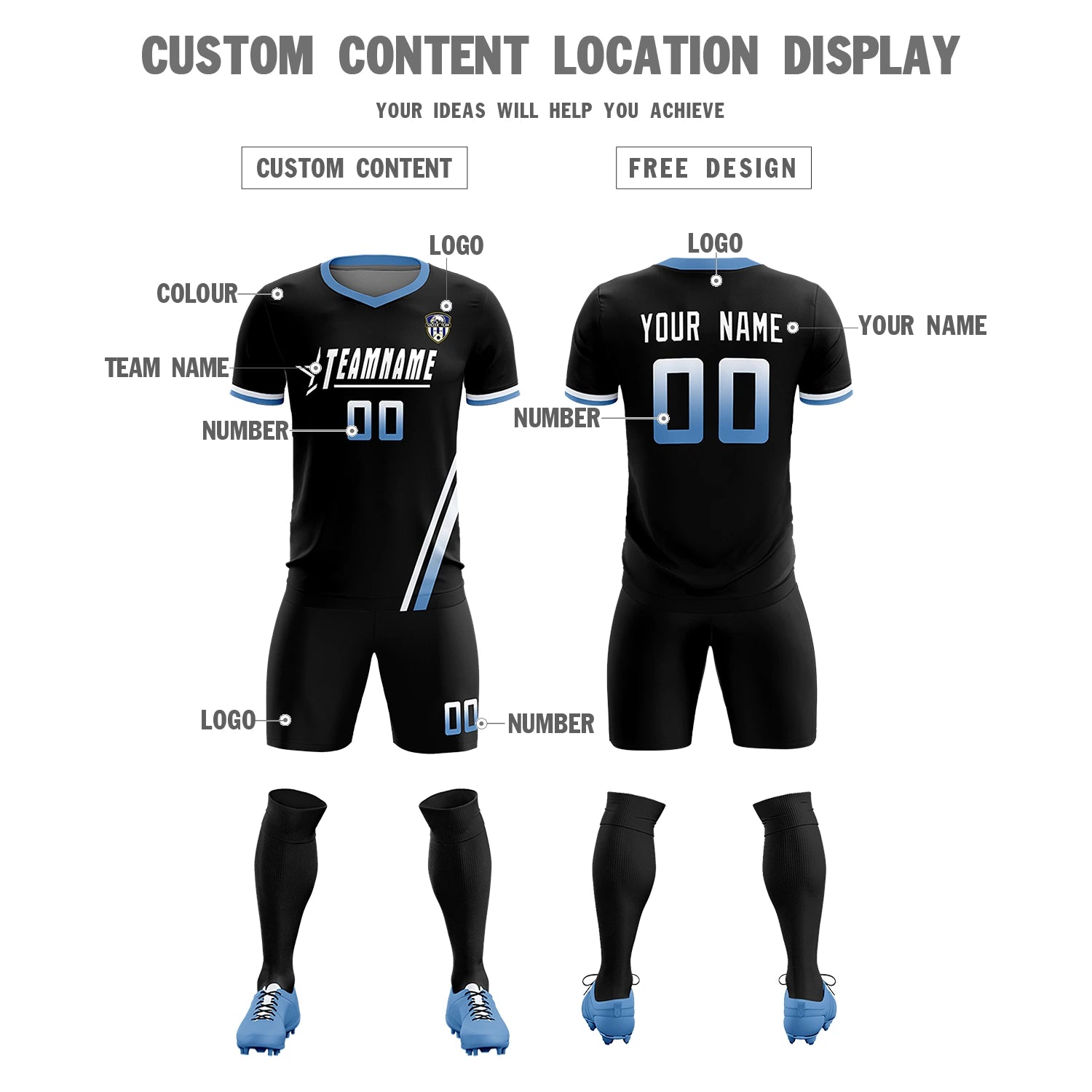 Custom Black White-Light Blue Gradient Fashion Sportswear Soccer Sets Jersey