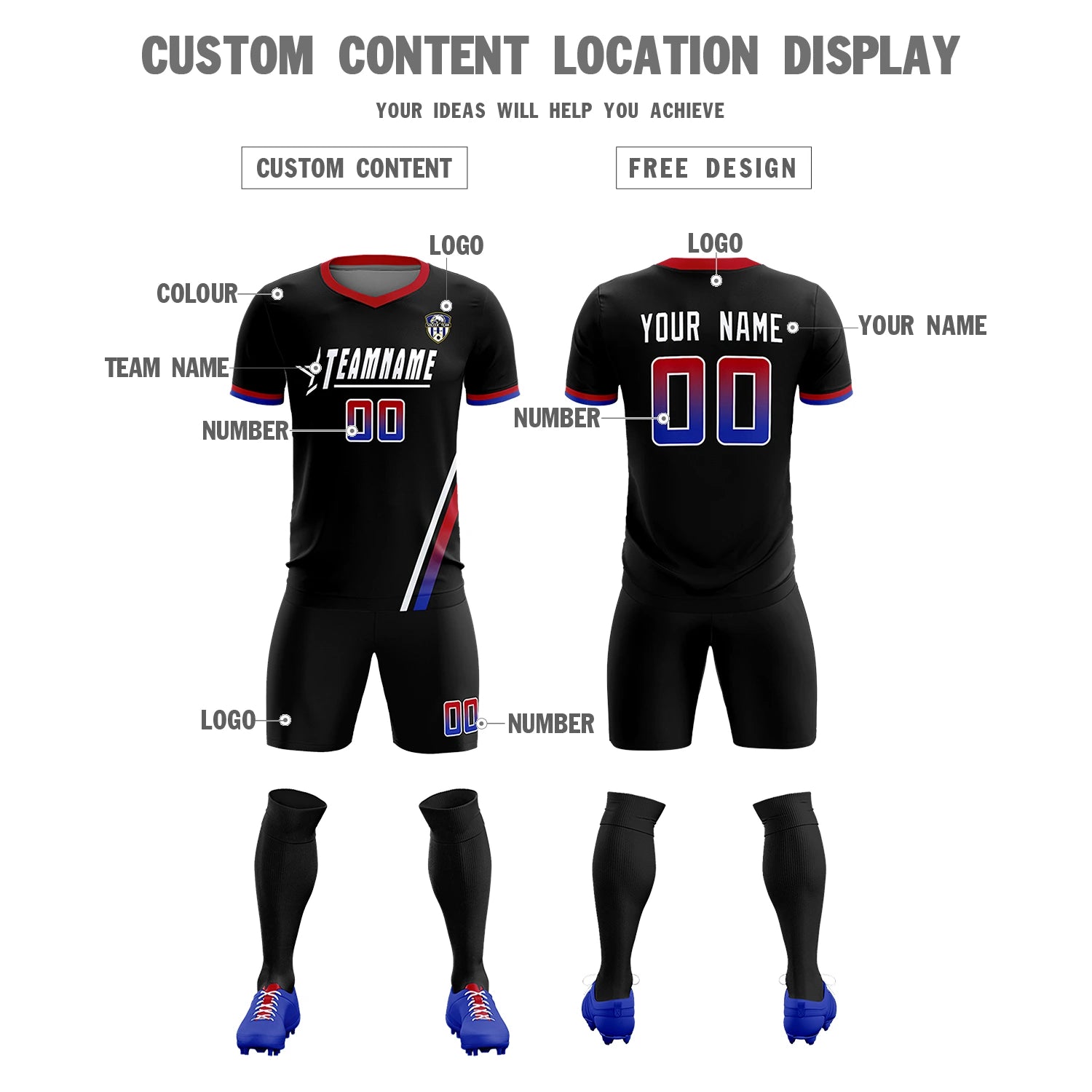 Custom Black White-Red Gradient Fashion Sportswear Soccer Sets Jersey