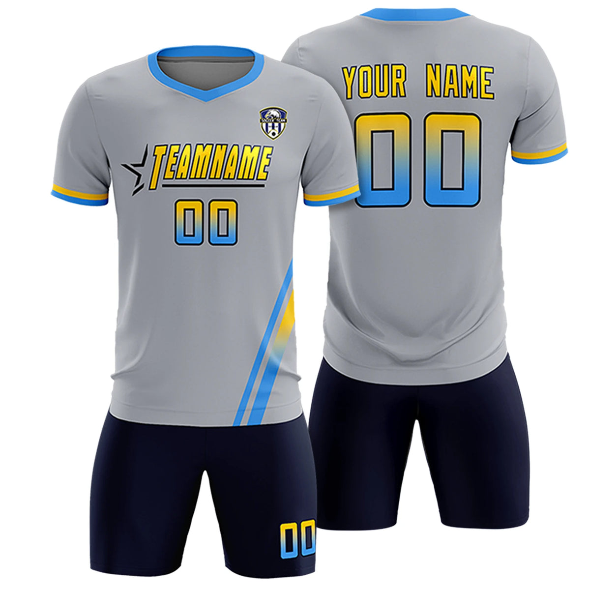 Custom Gray Powder Blue-Gold01 Gradient Fashion Sportswear Soccer Sets Jersey