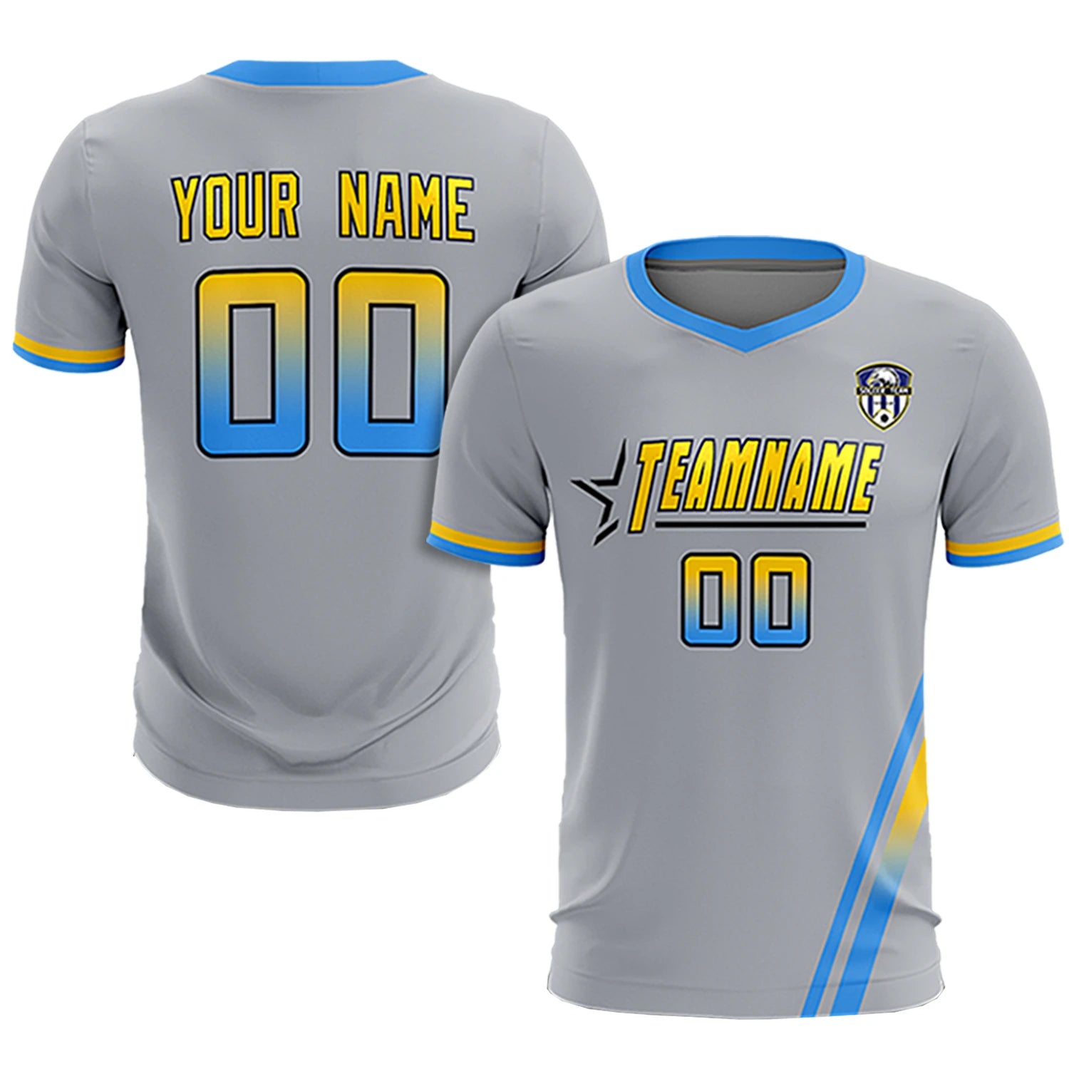 Custom Gray Powder Blue-Gold01 Gradient Fashion Sportswear Soccer Sets Jersey