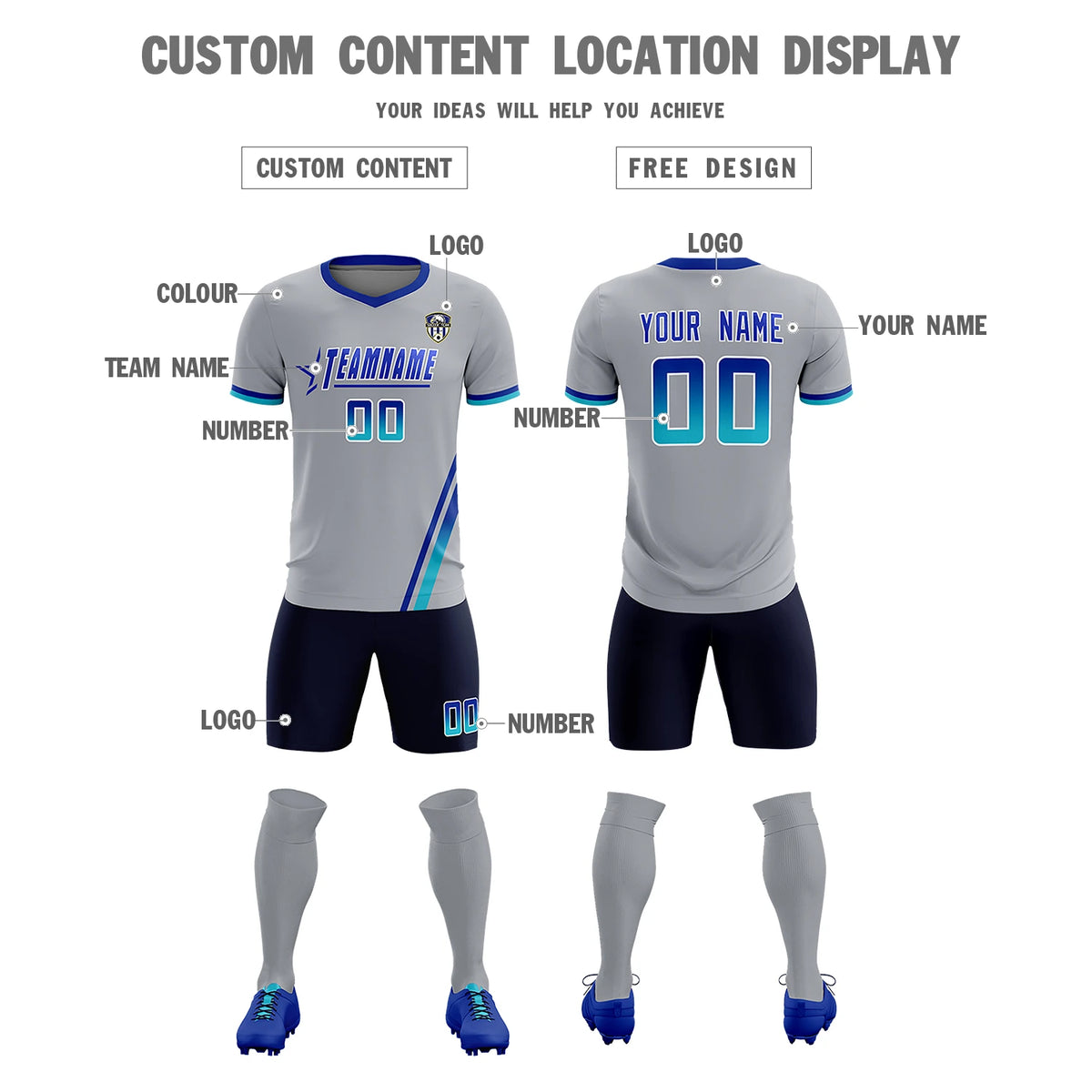 Custom Gray Royal Blue-Sky Blue Gradient Fashion Sportswear Soccer Sets Jersey