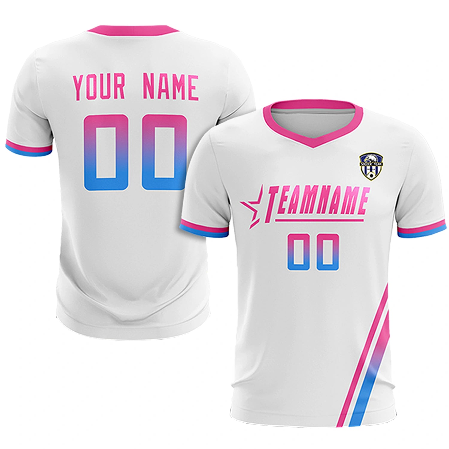 Custom White Pink-Powder Blue Gradient Fashion Sportswear Soccer Sets Jersey