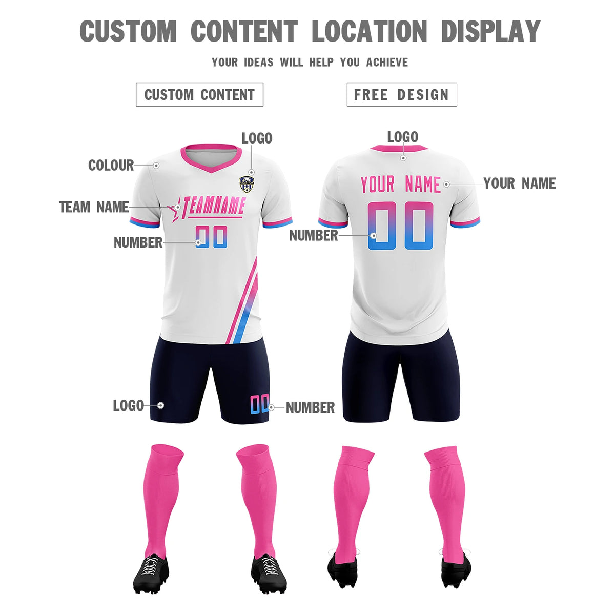 Custom White Pink-Powder Blue Gradient Fashion Sportswear Soccer Sets Jersey