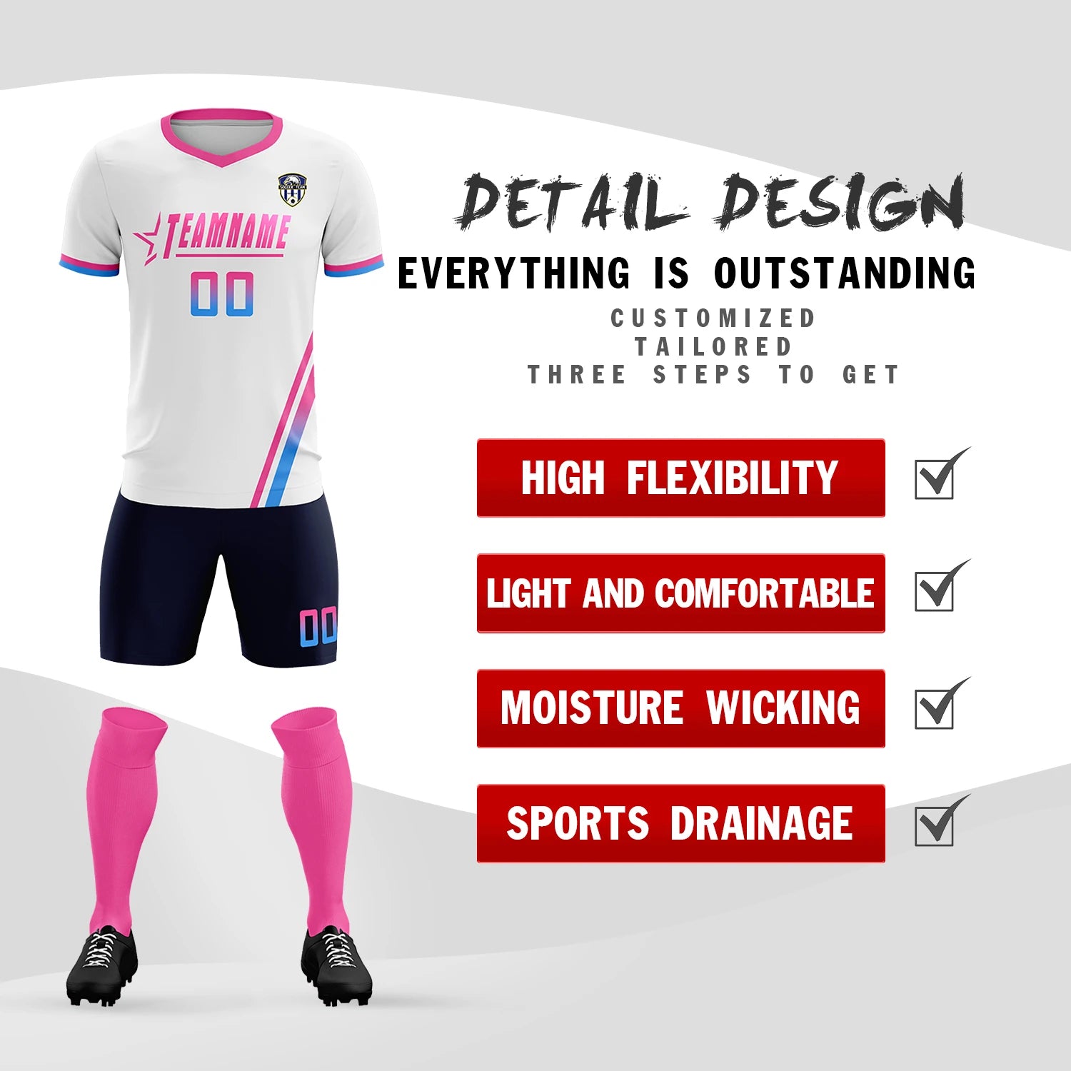 Custom White Pink-Powder Blue Gradient Fashion Sportswear Soccer Sets Jersey