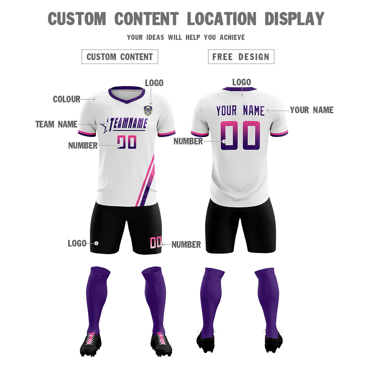 Custom White Pink-Purple Gradient Fashion Sportswear Soccer Sets Jersey