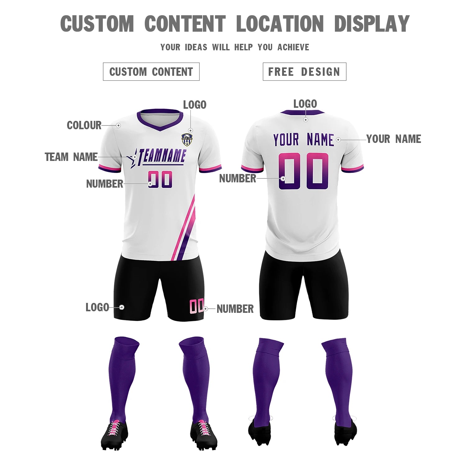 Custom White Pink-Purple Gradient Fashion Sportswear Soccer Sets Jersey