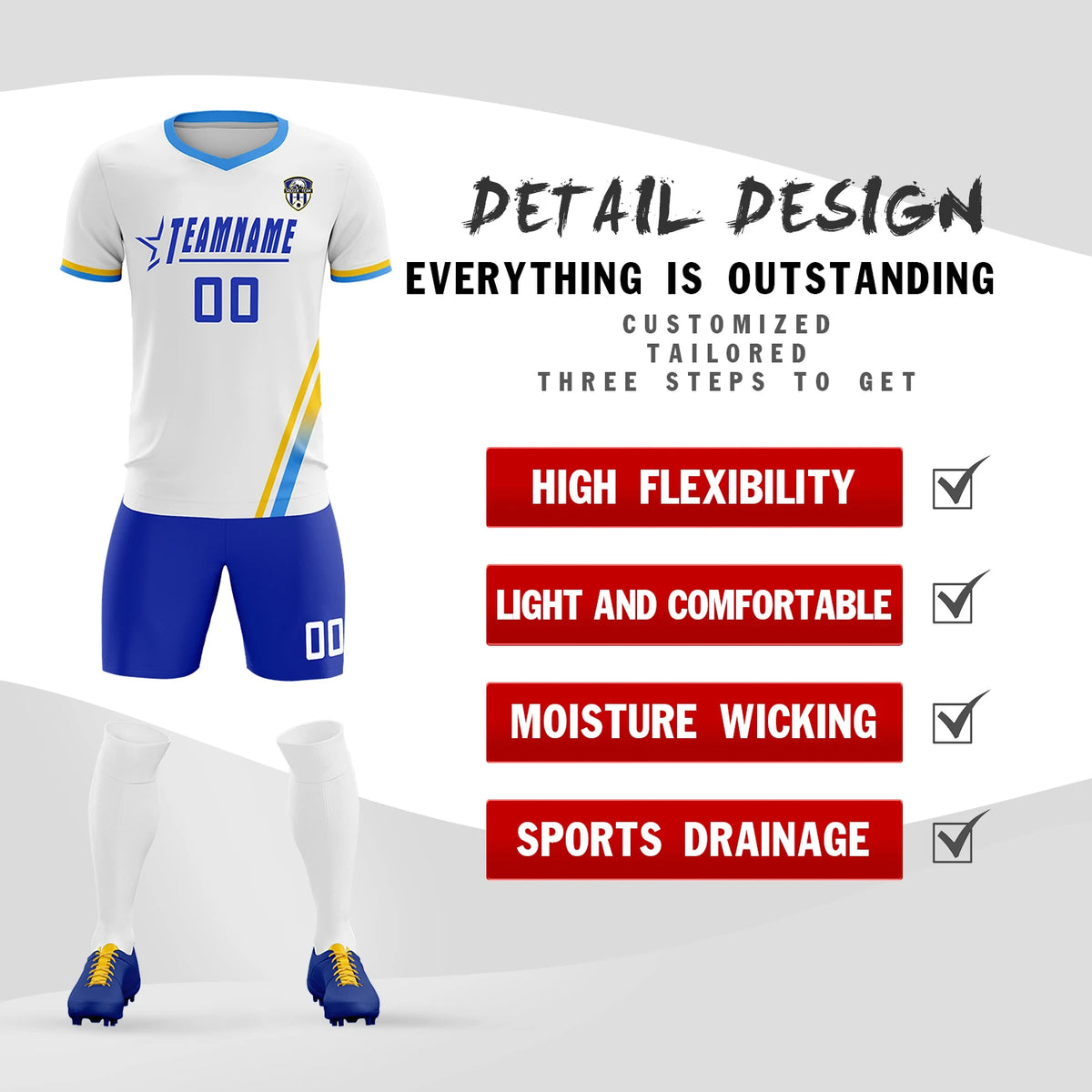 Custom White Gold01-Powder Blue Gradient Fashion Sportswear Soccer Sets Jersey