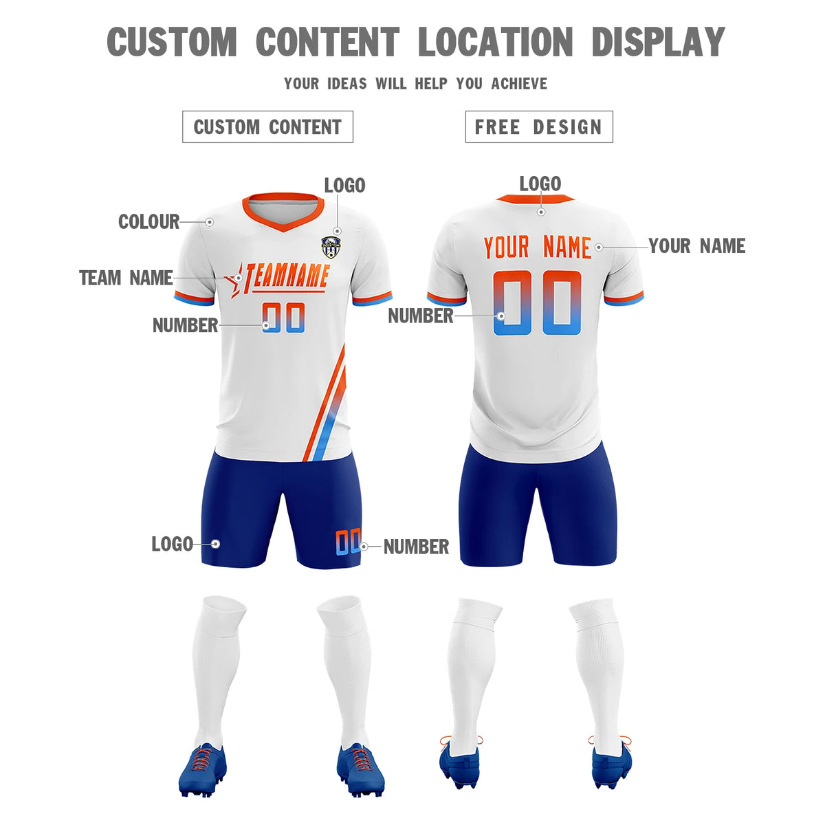 Custom White Orange-Powder Blue Gradient Fashion Sportswear Soccer Sets Jersey