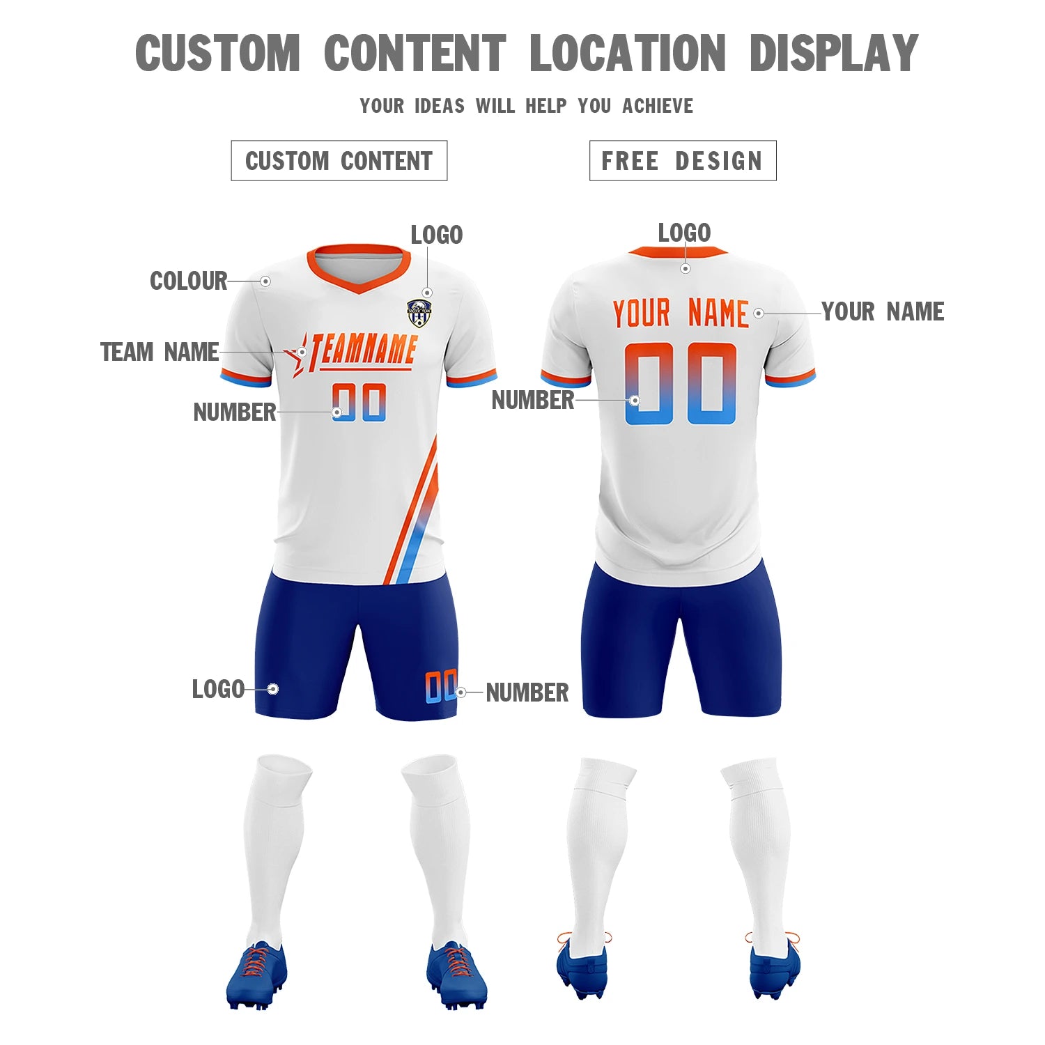 Custom White Orange-Powder Blue Gradient Fashion Sportswear Soccer Sets Jersey