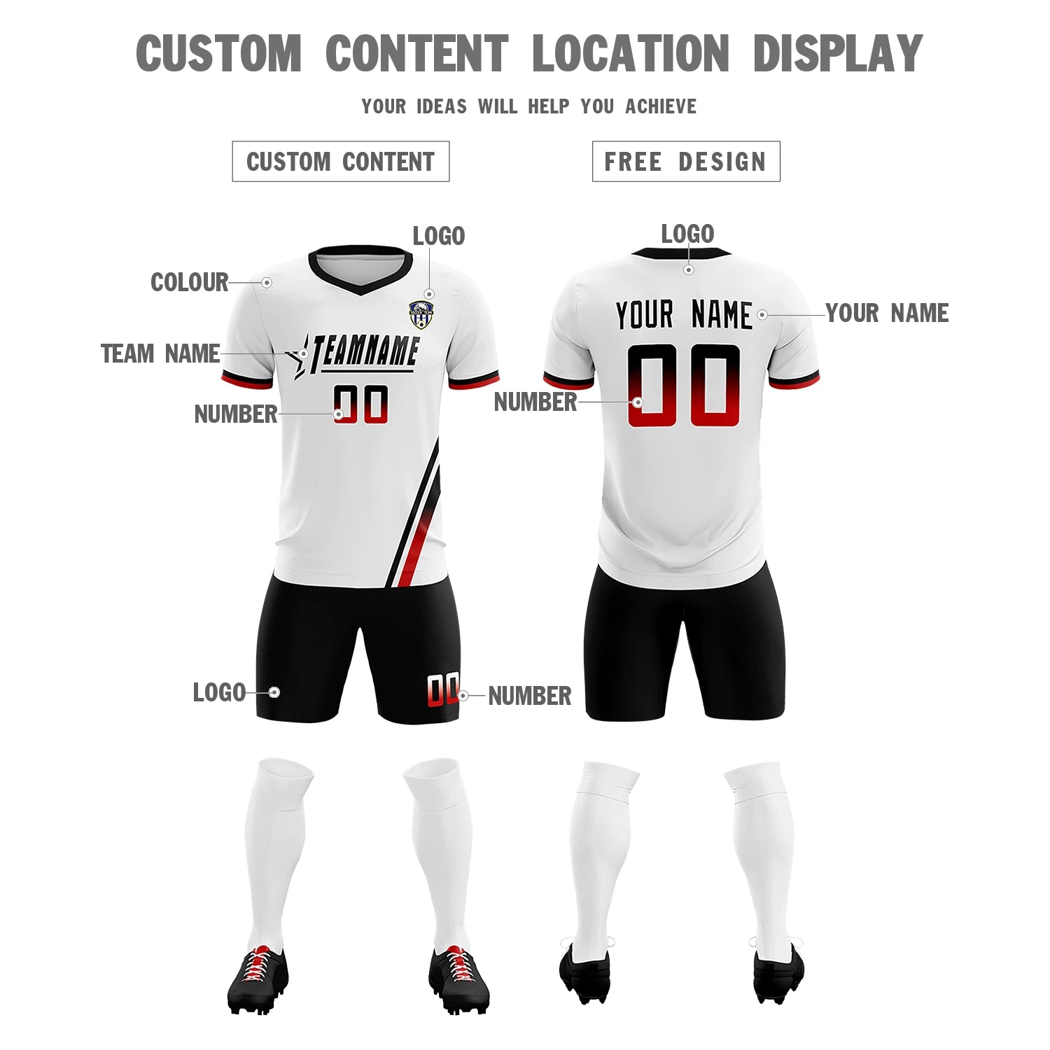 Custom White Black-Red Gradient Fashion Sportswear Soccer Sets Jersey