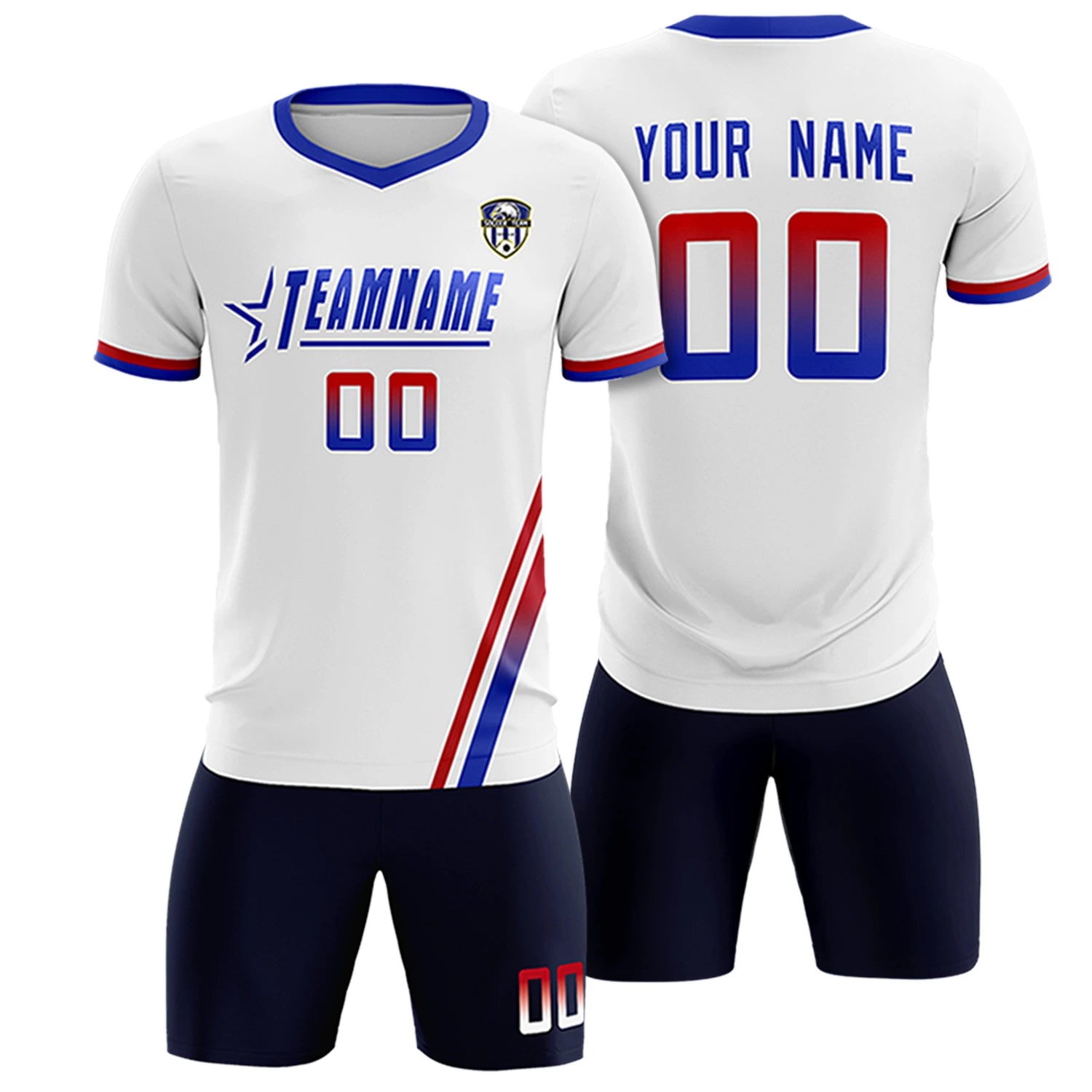 Custom White Red-Royal Blue Gradient Fashion Sportswear Soccer Sets Jersey