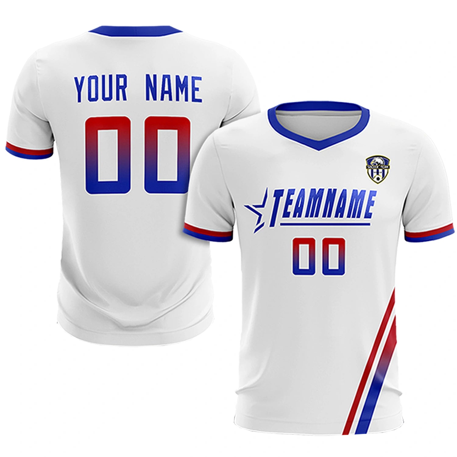Custom White Red-Royal Blue Gradient Fashion Sportswear Soccer Sets Jersey