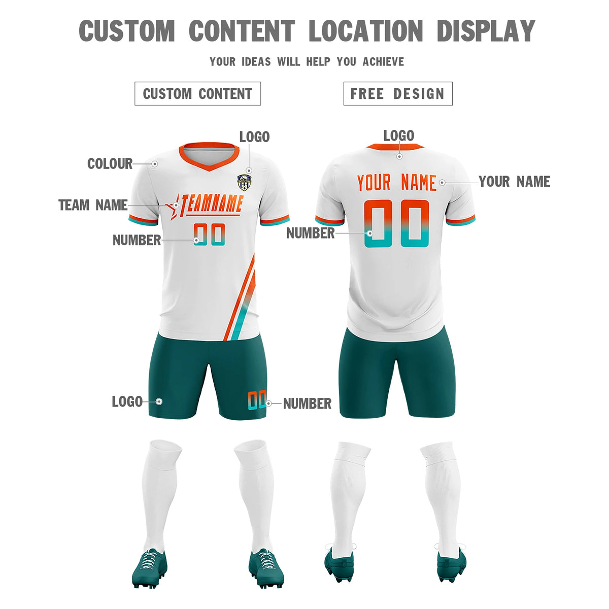 Custom White Orange-Bright Green Gradient Fashion Sportswear Soccer Sets Jersey