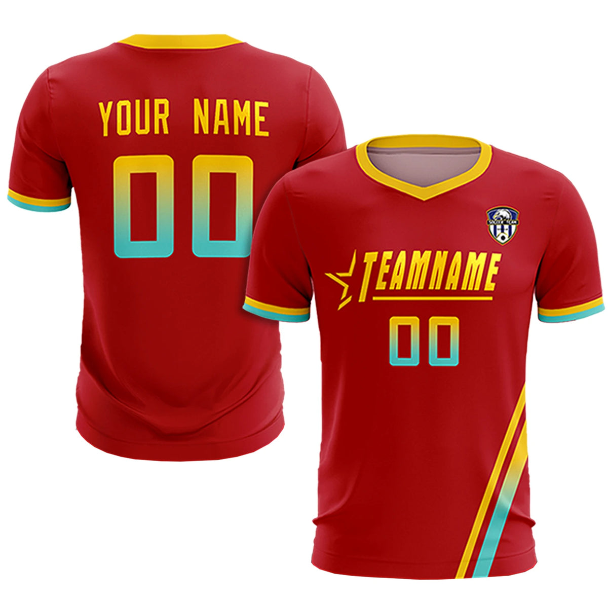 Custom Red Gold01-Aqua Gradient Fashion Sportswear Soccer Sets Jersey
