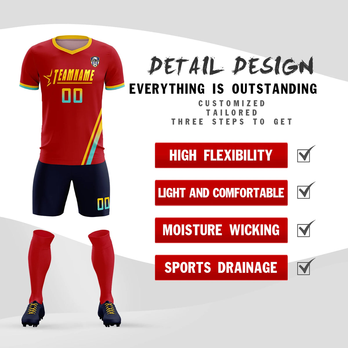 Custom Red Gold01-Aqua Gradient Fashion Sportswear Soccer Sets Jersey