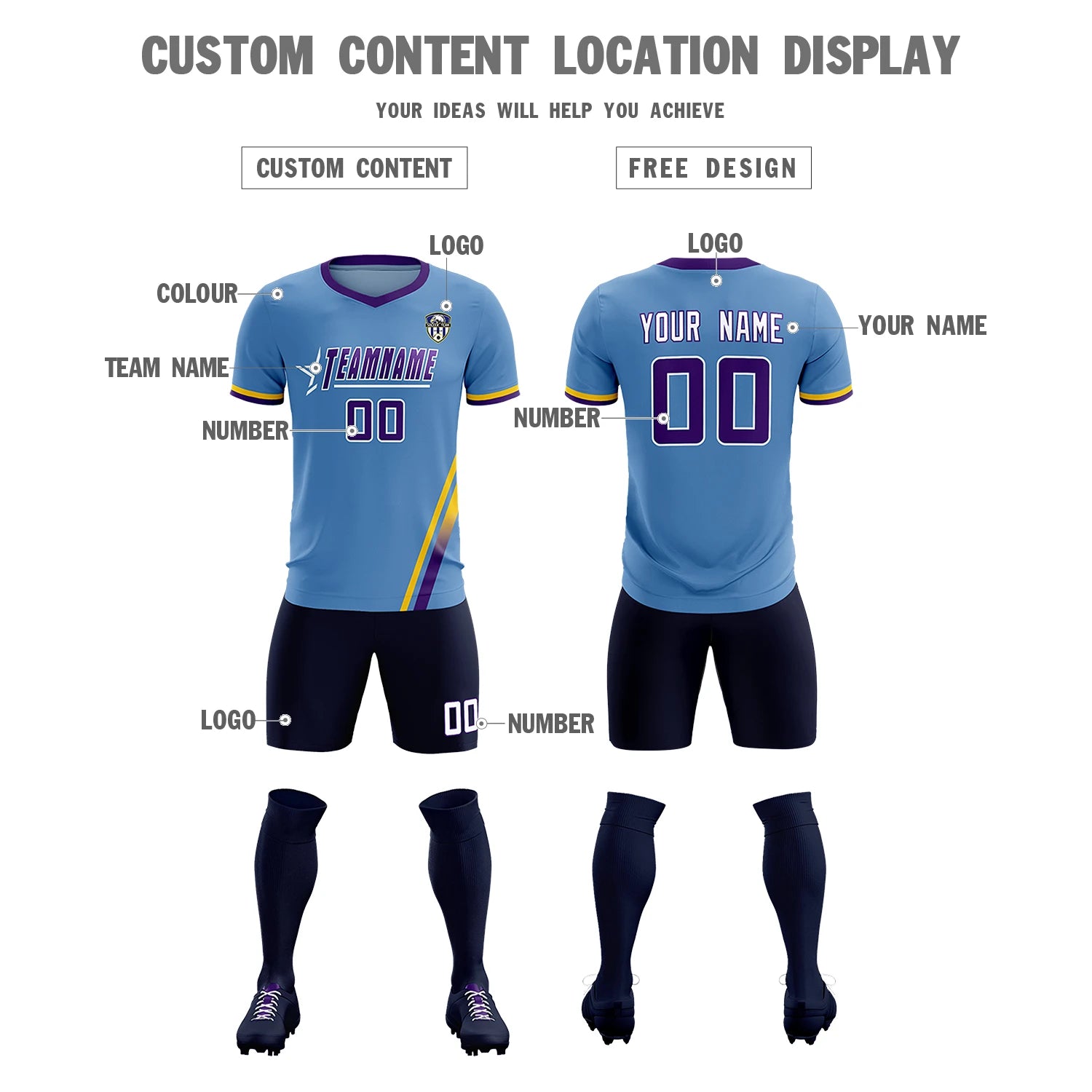 Custom Light Blue Gold01-Purple Gradient Fashion Sportswear Soccer Sets Jersey