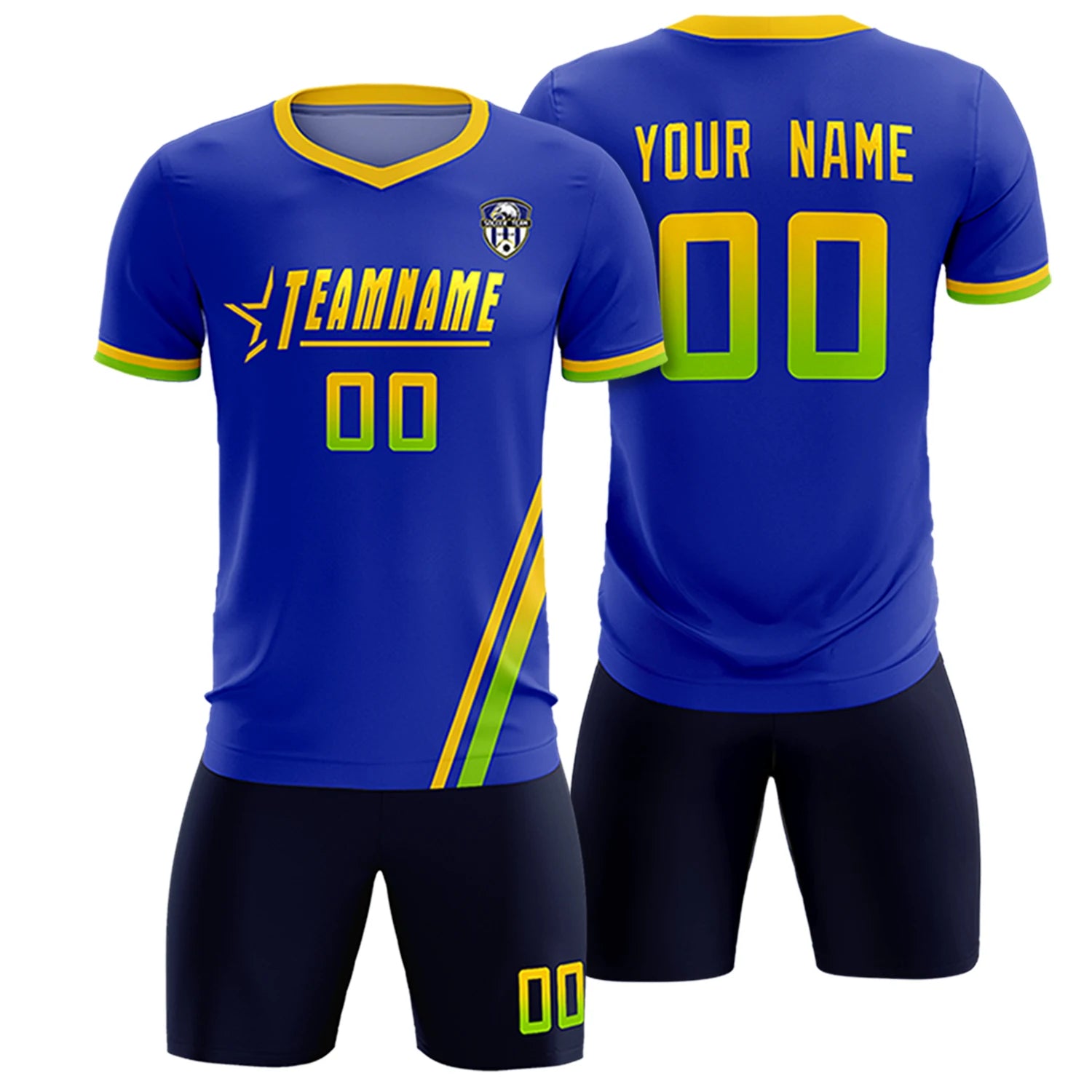 Custom Royal Blue Gold01-Neon Green Gradient Fashion Sportswear Soccer Sets Jersey