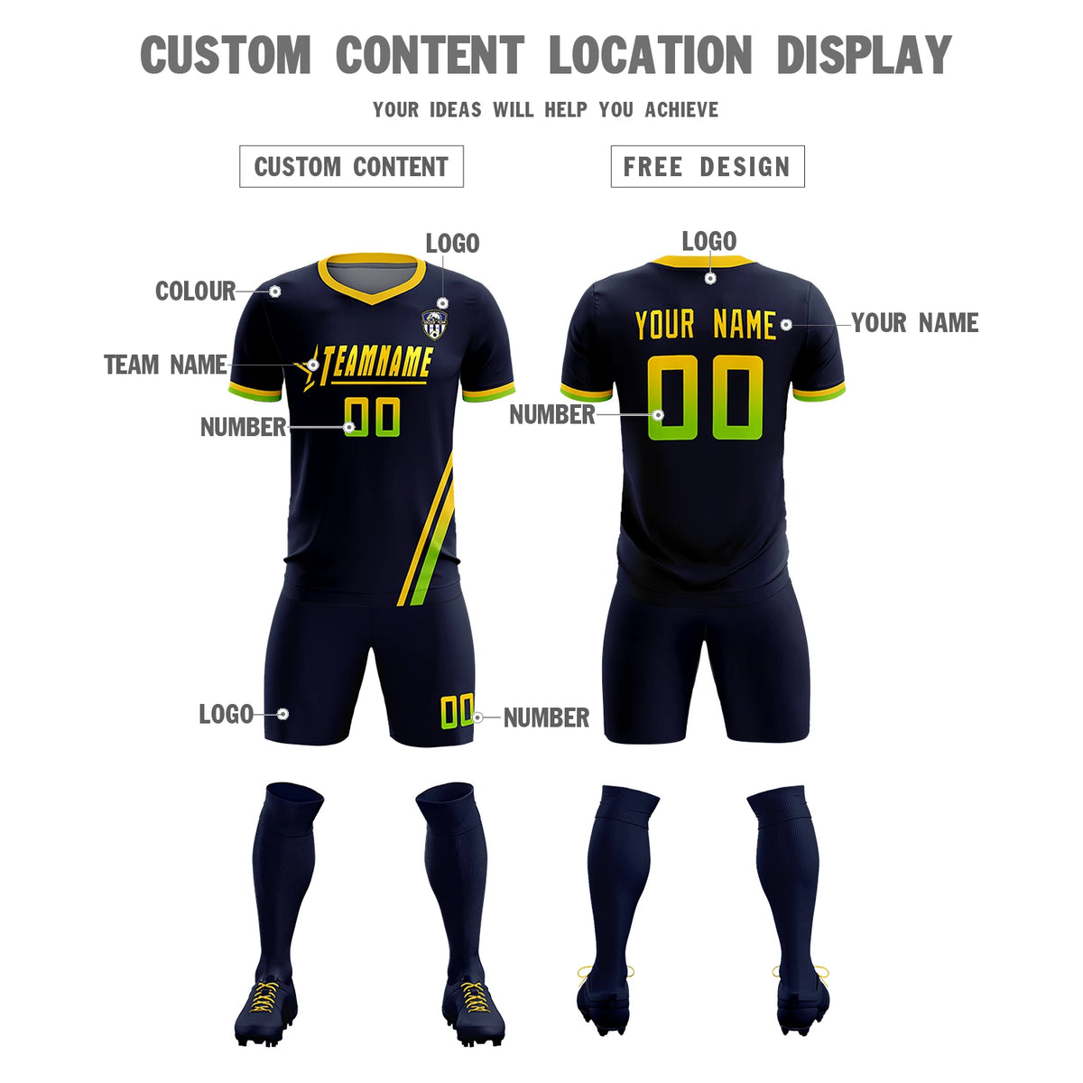 Custom Navy Gold01-Neon Green Gradient Fashion Sportswear Soccer Sets Jersey