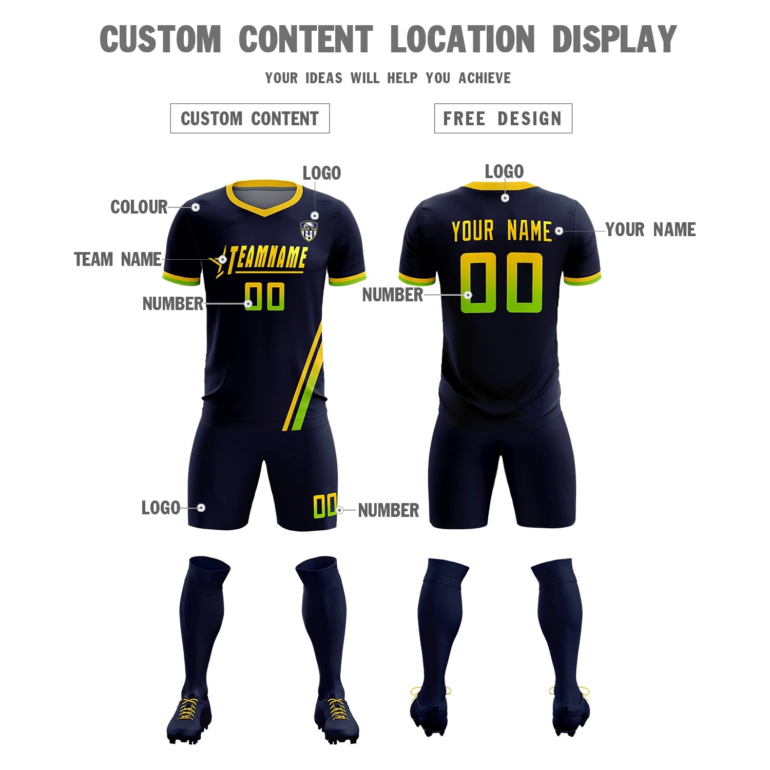 Custom Navy Gold01-Neon Green Gradient Fashion Sportswear Soccer Sets Jersey