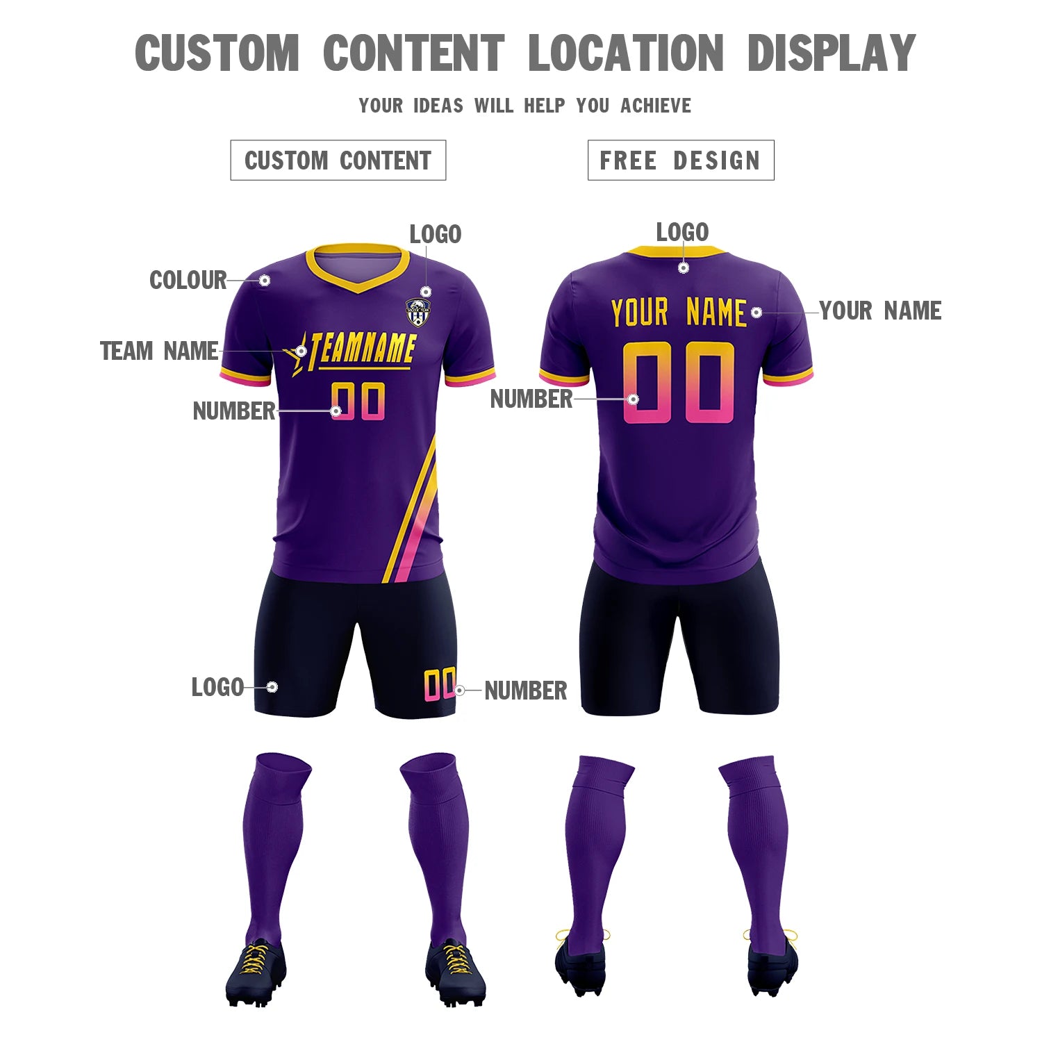 Custom Purple Gold01-Pink Gradient Fashion Sportswear Soccer Sets Jersey