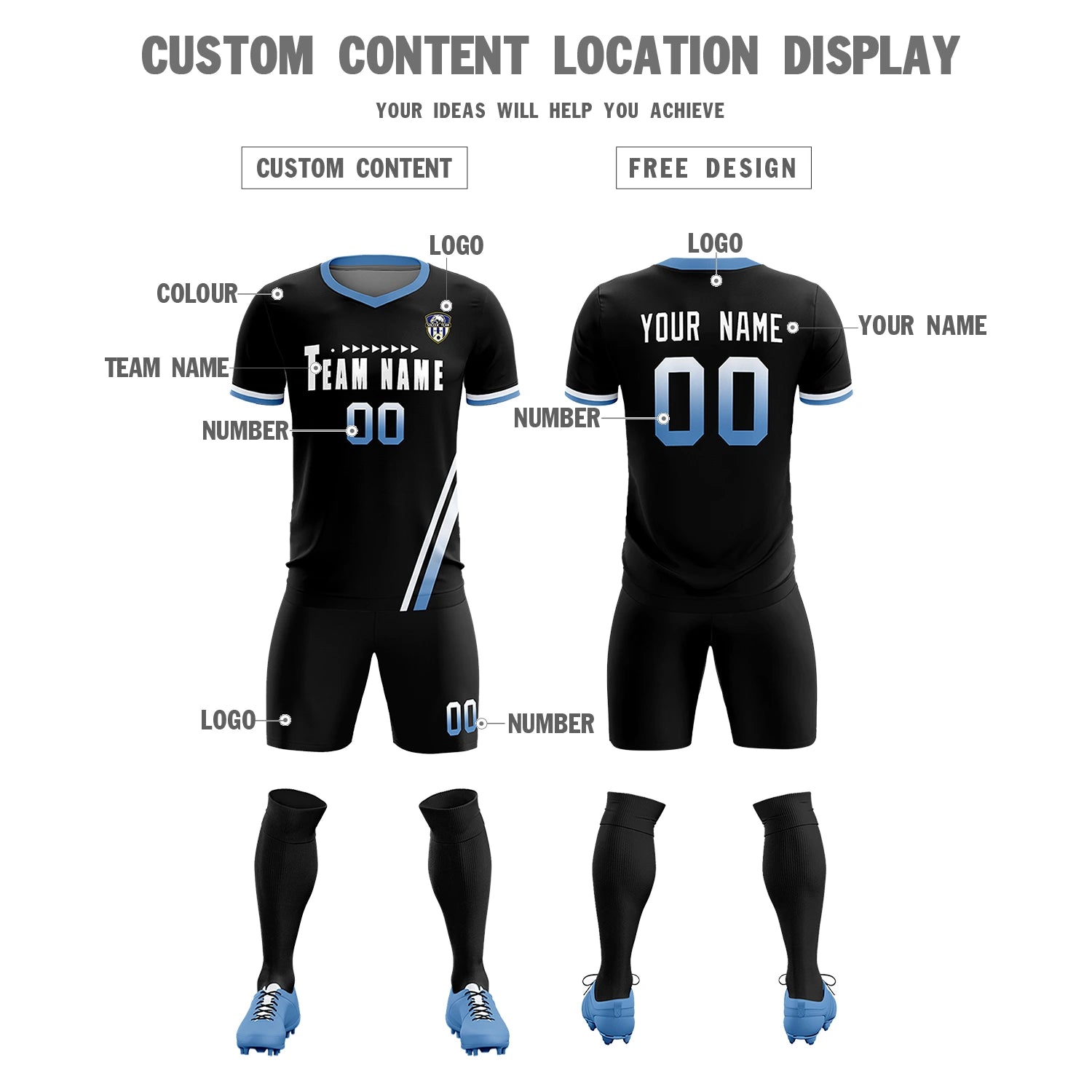 Custom Black White-Light Blue Gradient Fashion Sportswear Soccer Sets Jersey