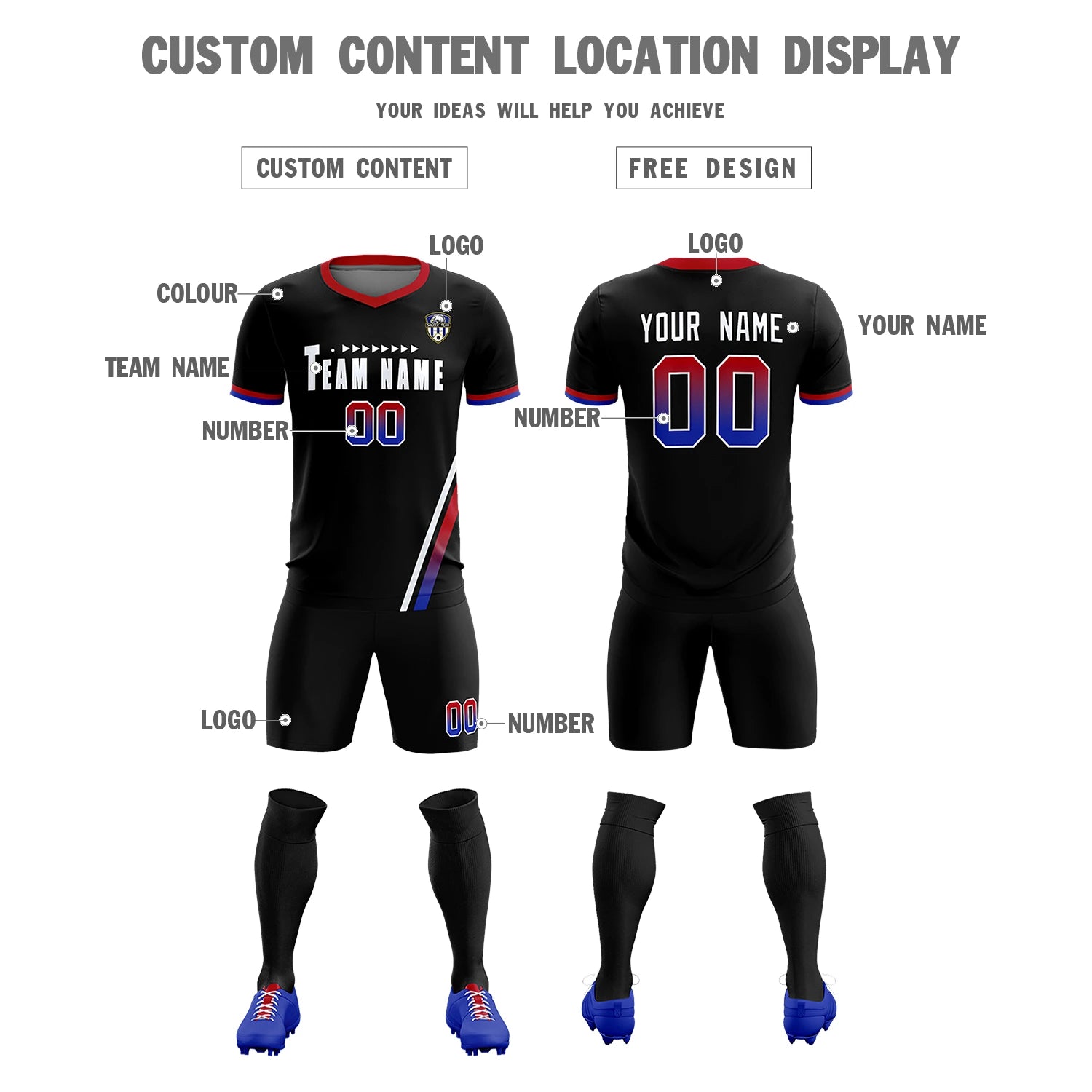 Custom Black White-Red Gradient Fashion Sportswear Soccer Sets Jersey