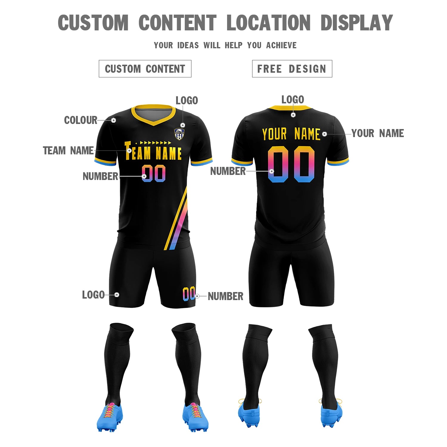 Custom Black Gold01-Pink Gradient Fashion Sportswear Soccer Sets Jersey