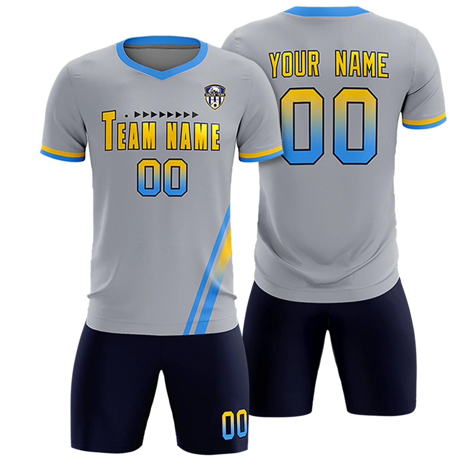 Custom Gray Powder Blue-Gold01 Gradient Fashion Sportswear Soccer Sets Jersey