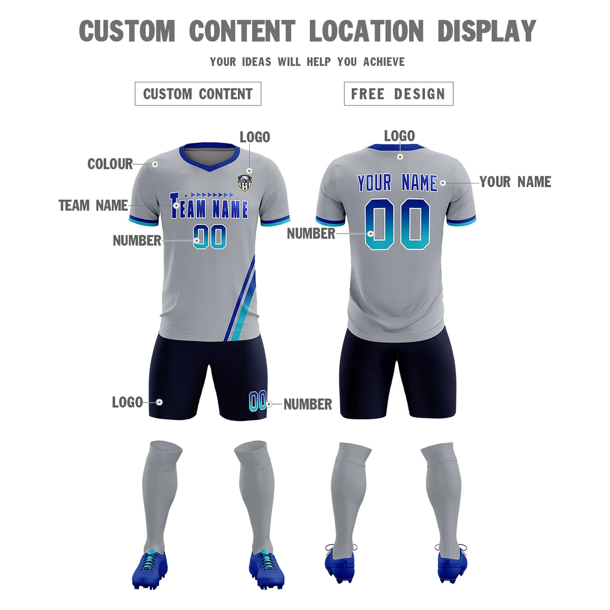 Custom Gray Royal Blue-Sky Blue Gradient Fashion Sportswear Soccer Sets Jersey