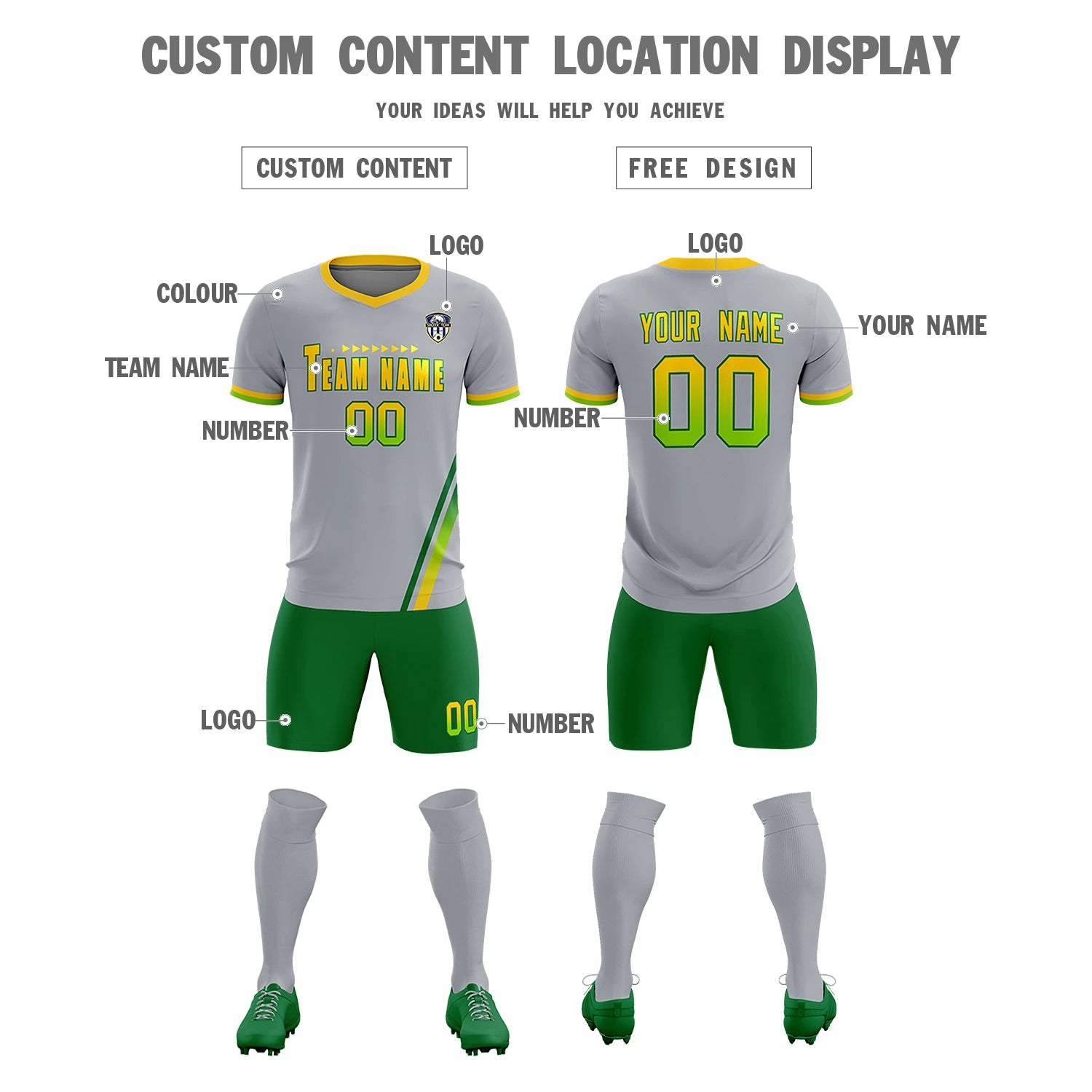 Custom Gray Kelly Green-Neon Green Gradient Fashion Sportswear Soccer Sets Jersey