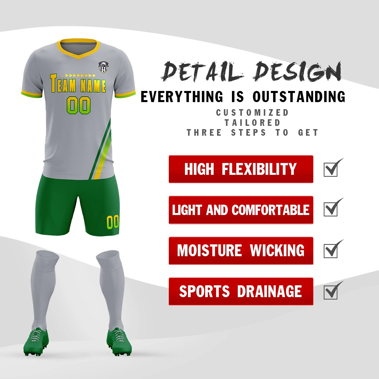 Custom Gray Kelly Green-Neon Green Gradient Fashion Sportswear Soccer Sets Jersey